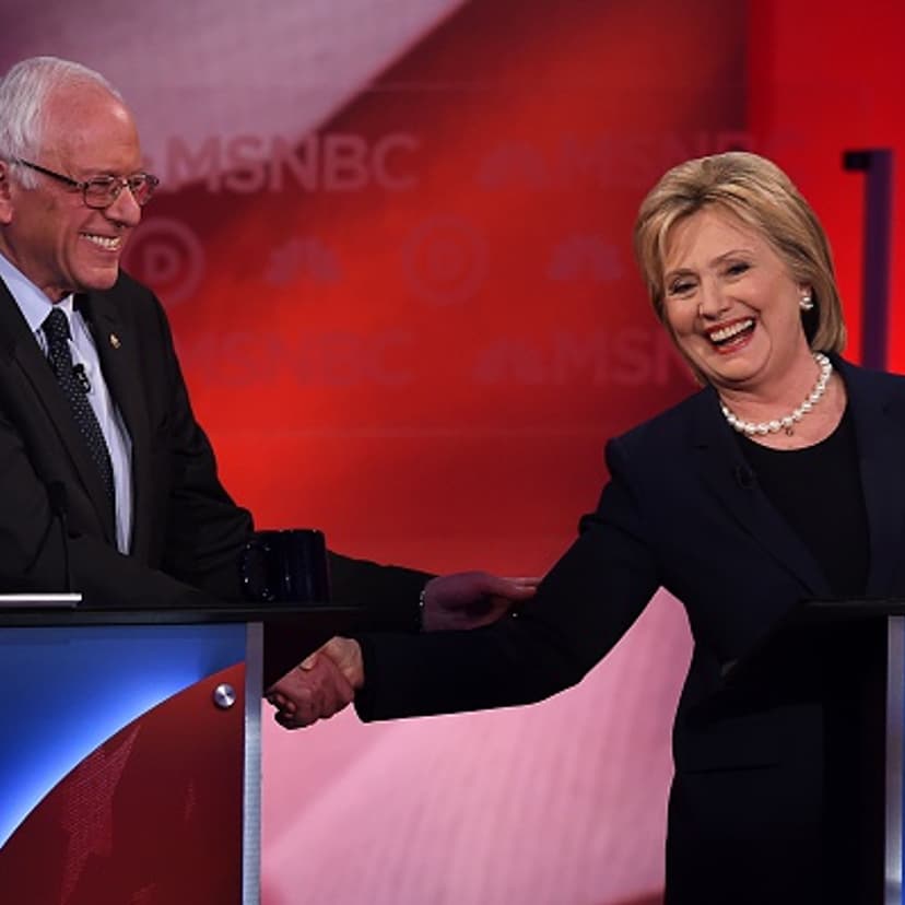 US Democratic presidential candidates Hillary Clinton (R) and Bernie Sanders shake hands as they participate in the MSNBC Democratic Candidates Debate at the University of New Hampshire in Durham on Feb. 4, 2016.