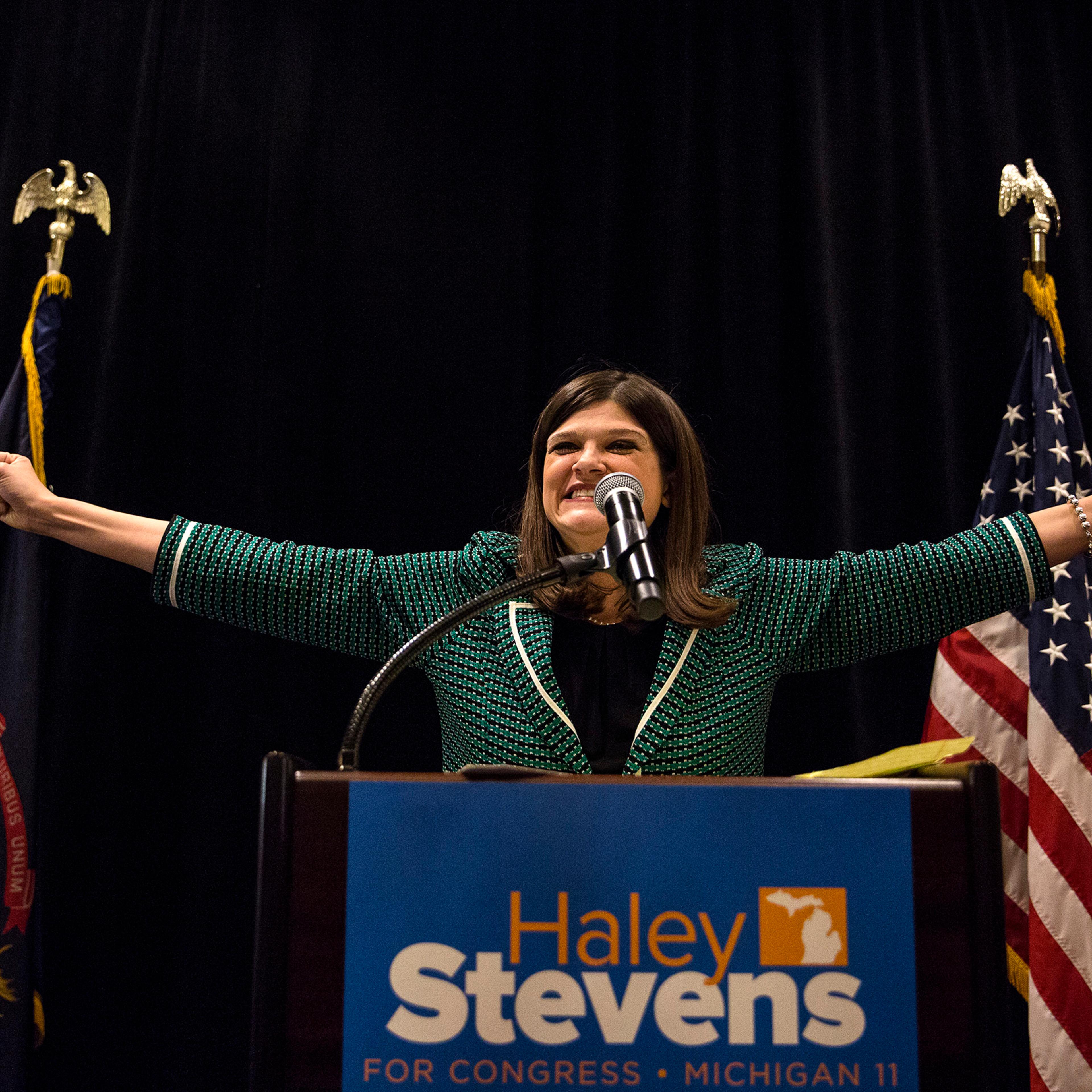 Democratic candidate and winner of Michigan's 11th Congressional District Haley Stevens addresses the crowd at the Townsend Hotel in Birmingham, Mich. on Tuesday, Nov. 6, 2018.