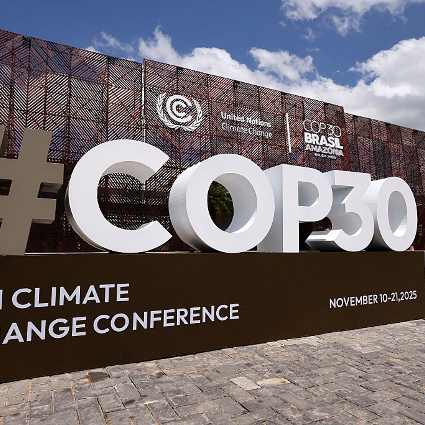 The COP30 logo is seen in front of the central building ahead of the COP30 Brazil Amazonia 2025 on Nov. 3, 2025.