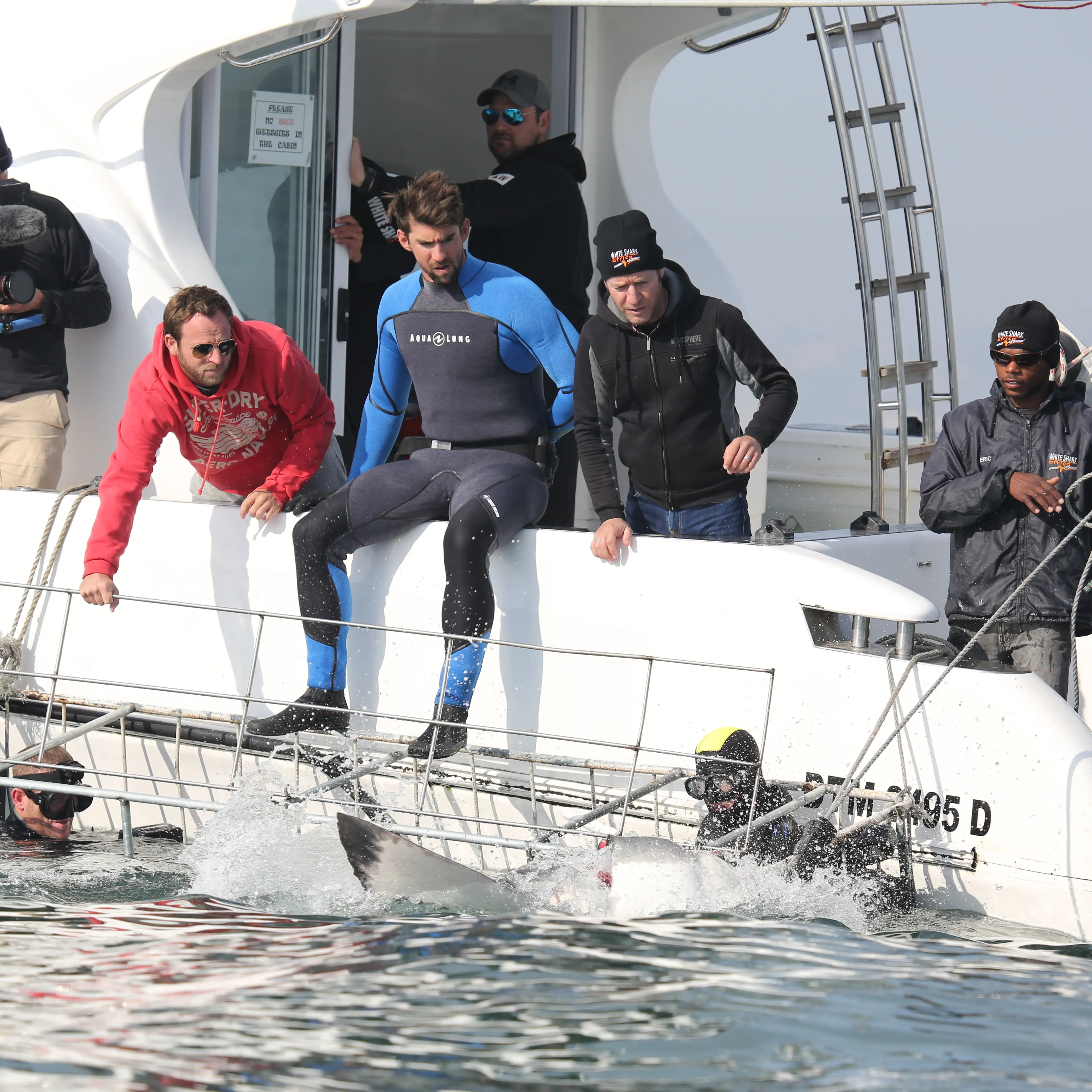 Phelps and the crew watch a shark approach the cage, which Michael is about to enter.