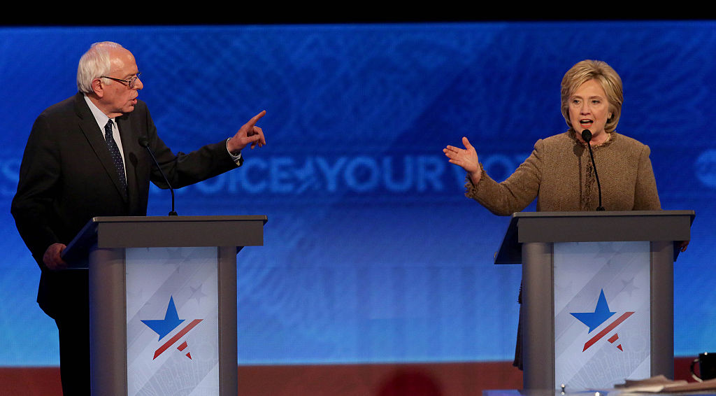 Democratic president candidates Bernie Sanders and Hillary Clinton debate at Saint Anselm College Dec. 19, 2015 in Manchester, New Hampshire.