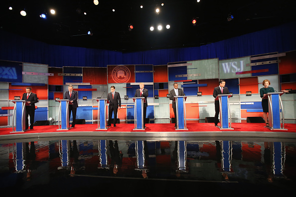 Presidential candidates Ohio Governor John Kasich (L-R), Jeb Bush, Sen. Marco Rubio (R-FL), Donald Trump, Ben Carson, Ted Cruz (R-TX), and Carly Fiorina take the stage in the Republican Presidential Debate sponsored by Fox Business and the Wall Street Jo