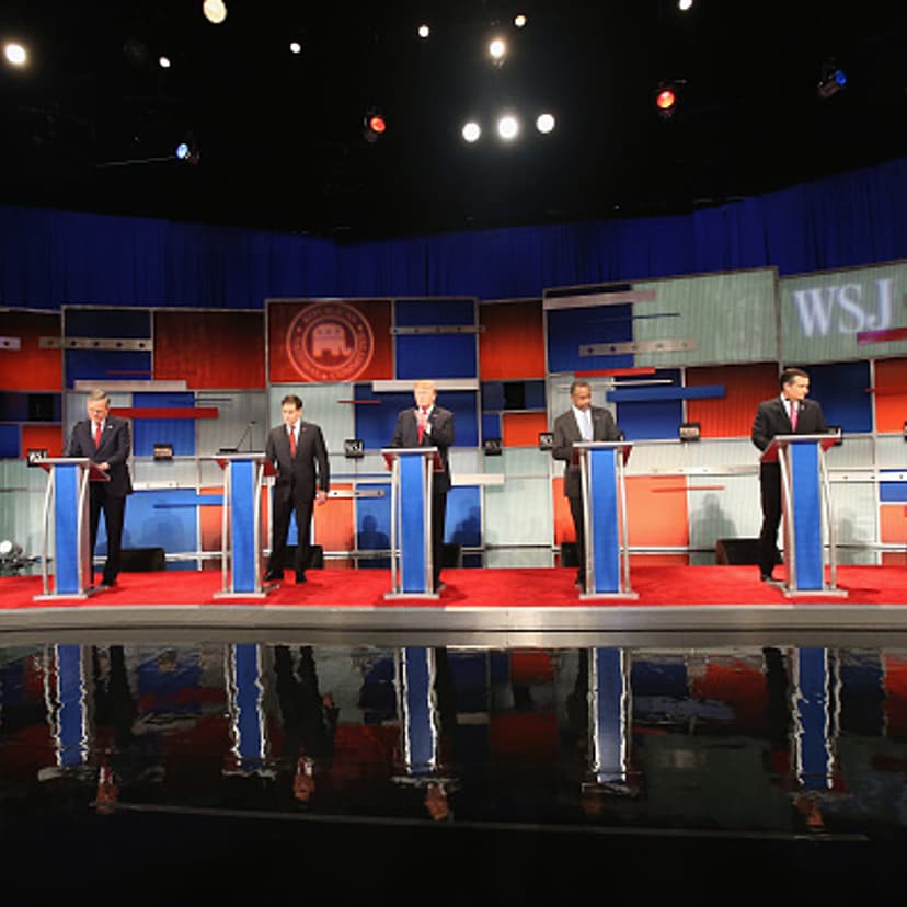 Presidential candidates Ohio Governor John Kasich (L-R), Jeb Bush, Sen. Marco Rubio (R-FL), Donald Trump, Ben Carson, Ted Cruz (R-TX), and Carly Fiorina take the stage in the Republican Presidential Debate sponsored by Fox Business and the Wall Street Jo