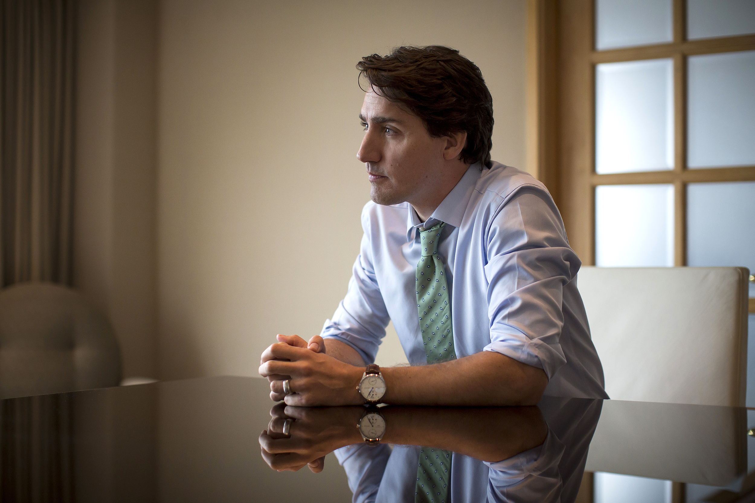 Justin Trudeau, Canada's prime minister, listens during an interview in Vancouver, British Columbia, Canada, on March 2, 2016.