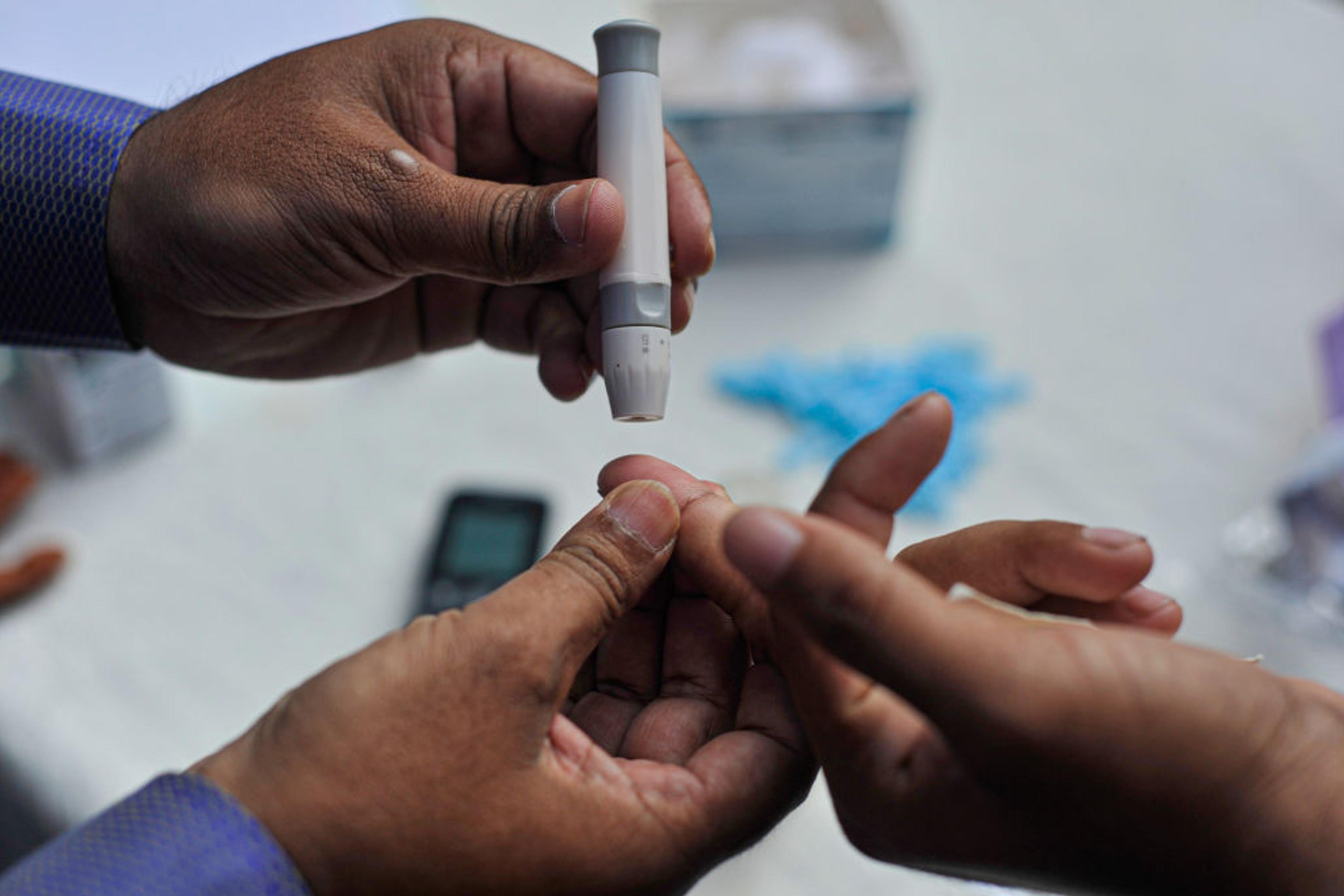 Free random blood sugar (RBS) checking campaign on the occasion of observing World Diabetes Day 2021 at the Sylhet Diabetic Hospital premises. Sylhet, Bangladesh.