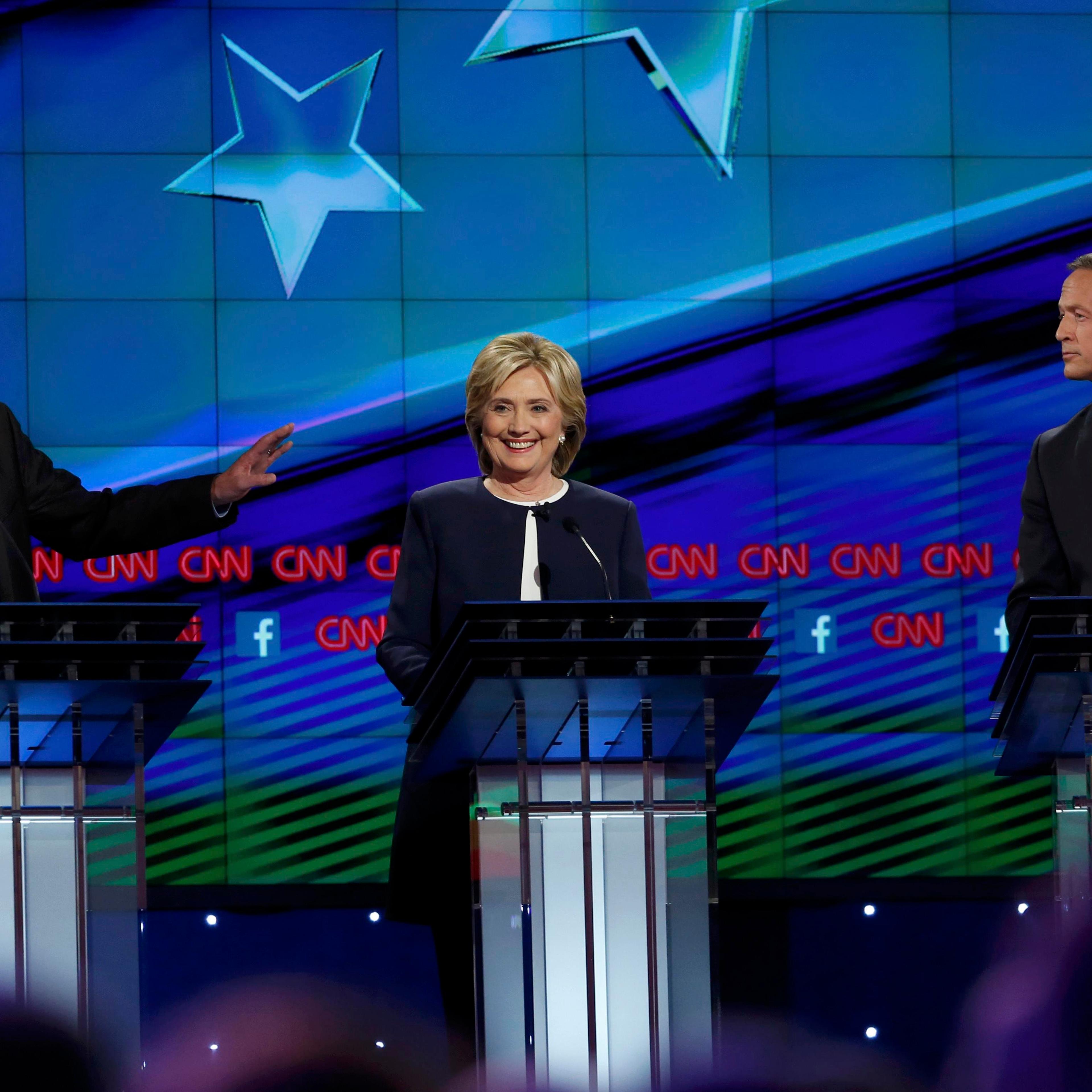 Democratic presidential candidates Sanders, Clinton and O'Malley debate during the first official Democratic candidates debate of the 2016 presidential campaign in Las Vegas