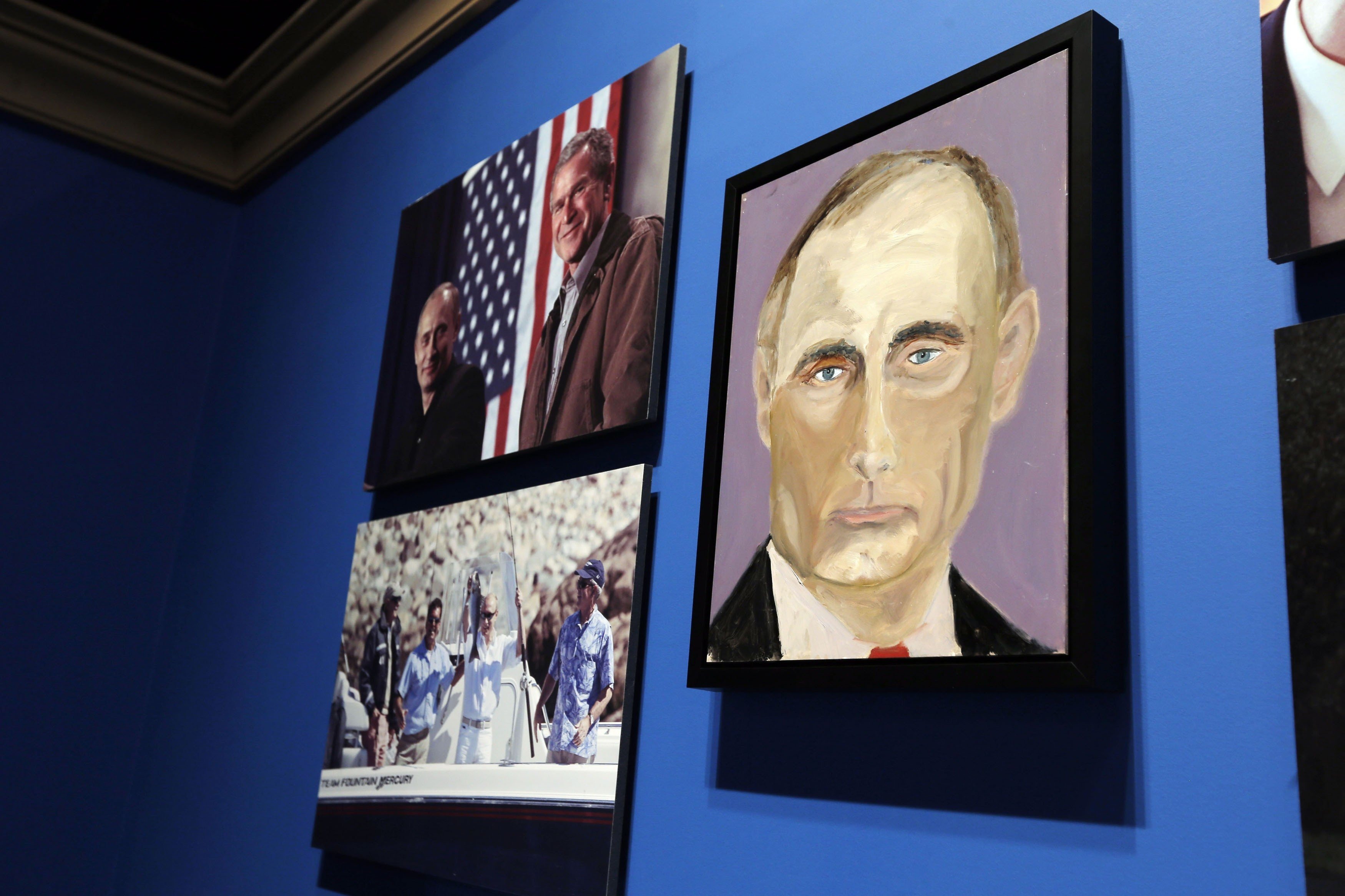 A portrait of Russian President Vladimir Putin, painted by former U.S. President George W. Bush, is displayed at "The Art of Leadership: A President's Personal Diplomacy" exhibit in Dallas