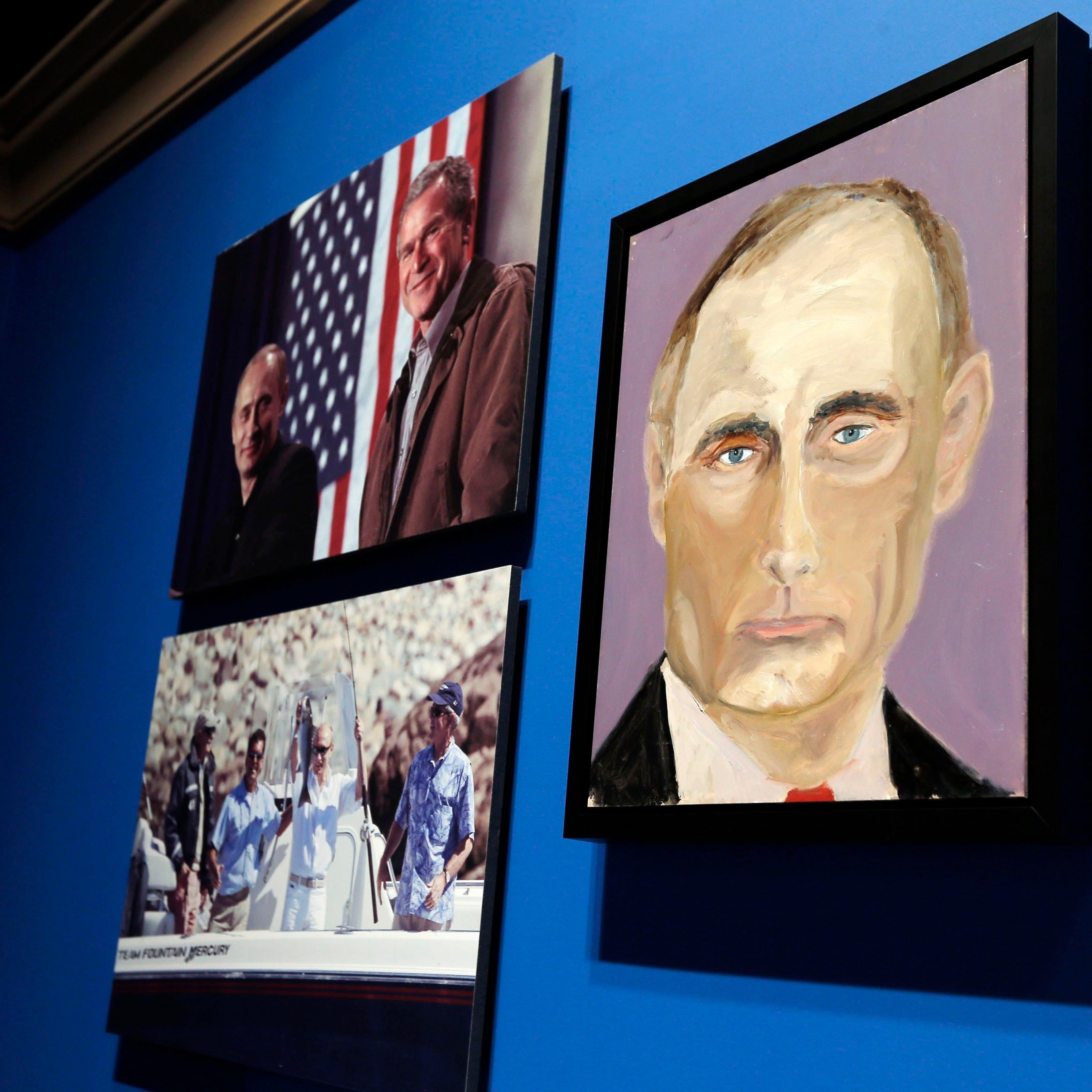 A portrait of Russian President Vladimir Putin, painted by former U.S. President George W. Bush, is displayed at "The Art of Leadership: A President's Personal Diplomacy" exhibit in Dallas