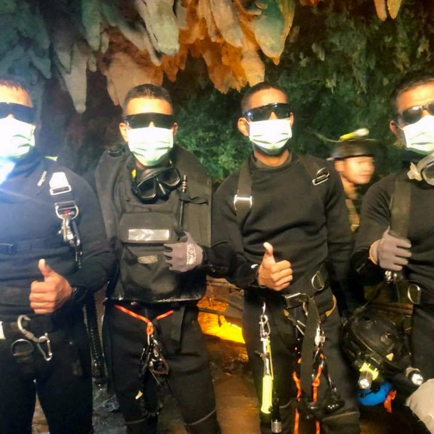 Four Thai Navy Seals are seen after leaving the cave during the rescue mission in Chiang Rai