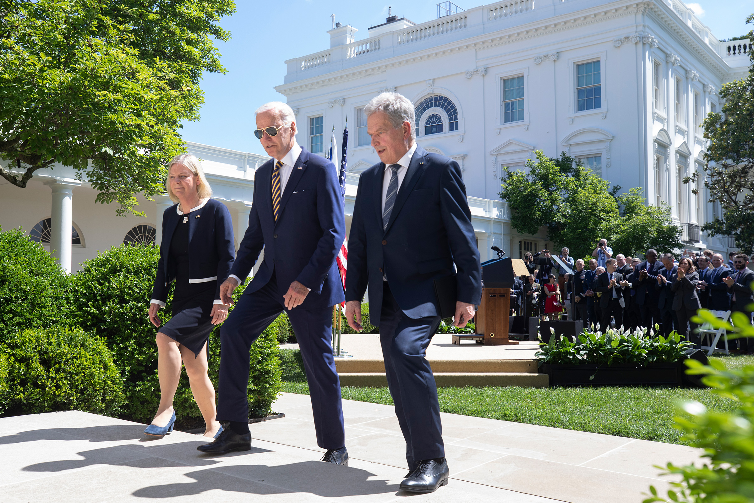 U.S. President Joe Biden (C), Prime Minister Magdalena Andersson of Sweden(L), and President Sauli Niinisto of Finland(R) depart after speaking to the media following their meeting on Finland's and Sweden's NATO applications in the Rose Garden of the White House, May 19, 2022.