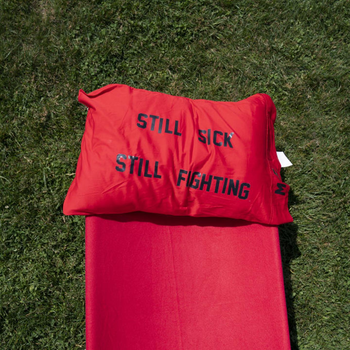 A cot installed on the National Mall during a Long COVID protest