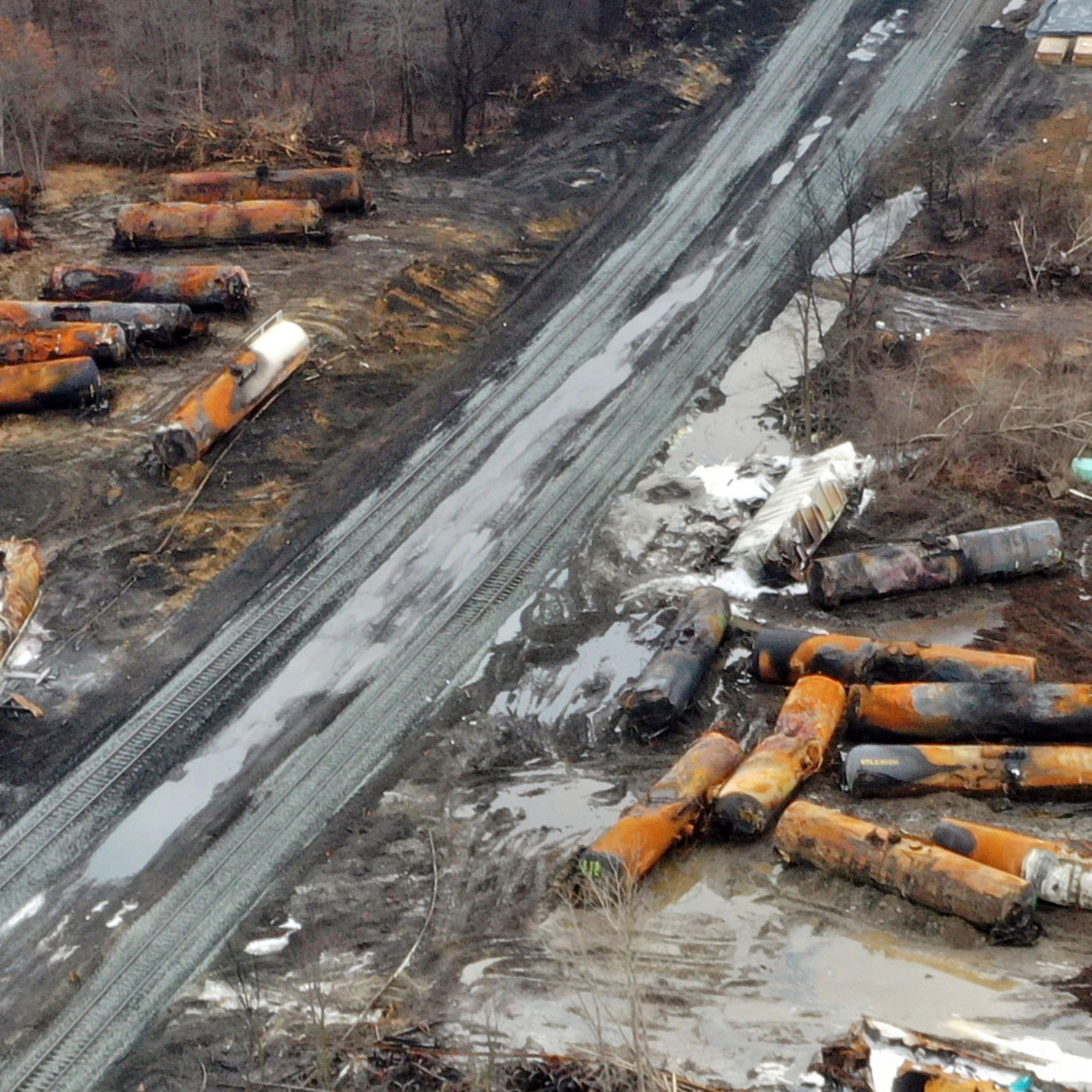 drone photograph showing the continuing cleanup of portions of a Norfolk Southern freight train that derailed Friday night in East Palestine, Ohio
