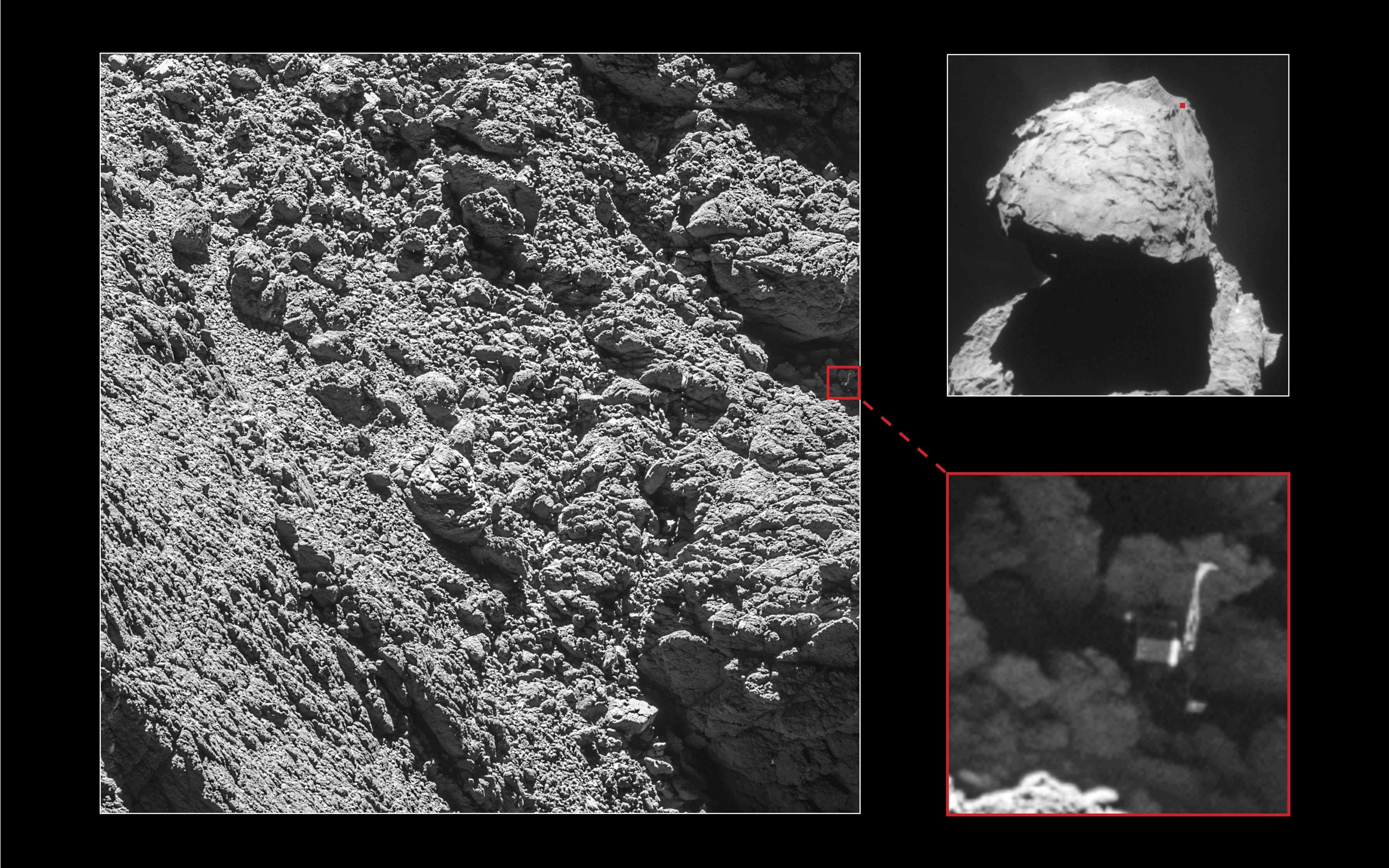This picture obtained from the European Space Agency (ESA) on Sept. 5, 2016 shows images of the landing craft "Philae" viewed for the first time since its crash landing, captured by ORIS narrow-angle camera taken on Sept. 2, 2016. Cameras onboard Europe'