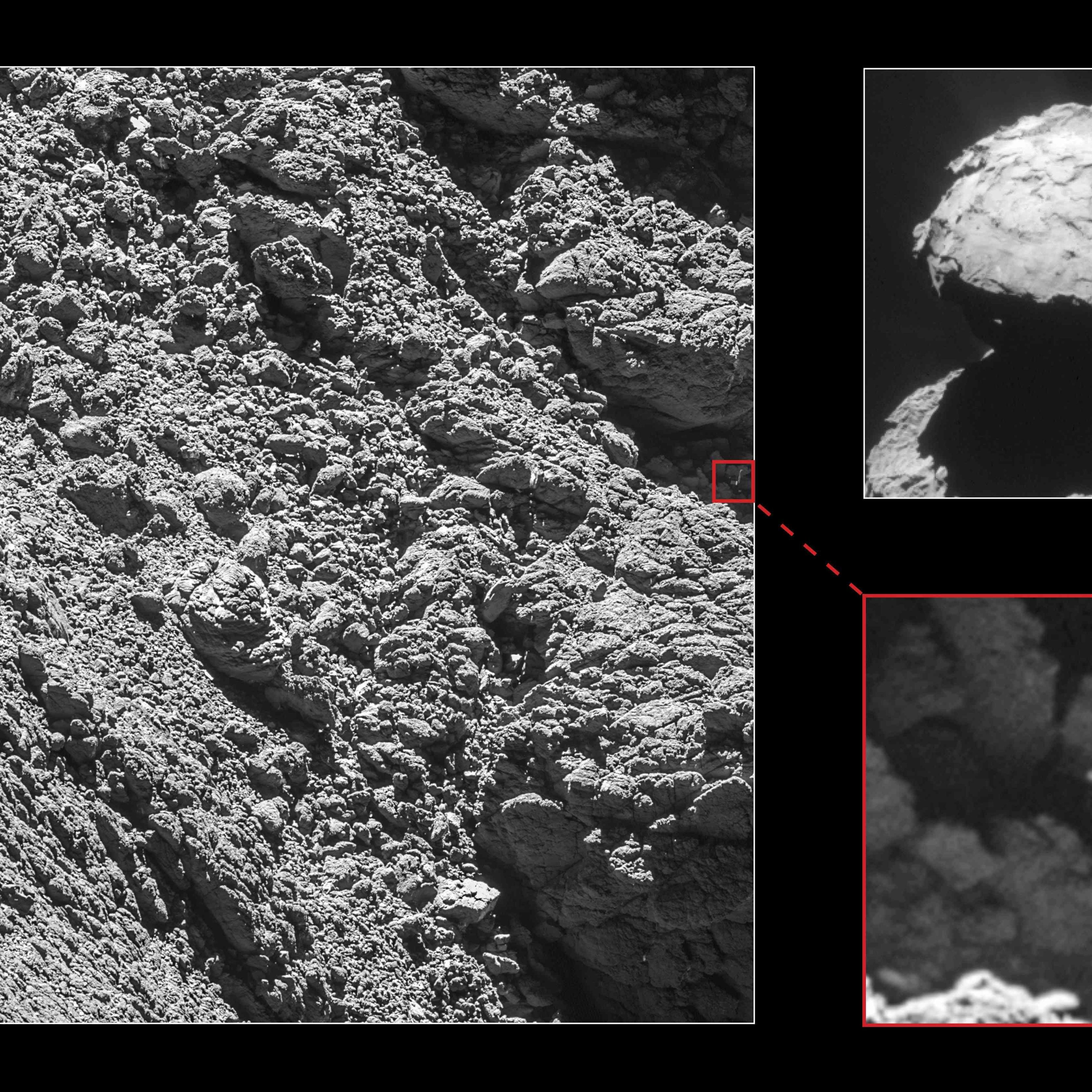 This picture obtained from the European Space Agency (ESA) on Sept. 5, 2016 shows images of the landing craft "Philae" viewed for the first time since its crash landing, captured by ORIS narrow-angle camera taken on Sept. 2, 2016. Cameras onboard Europe'