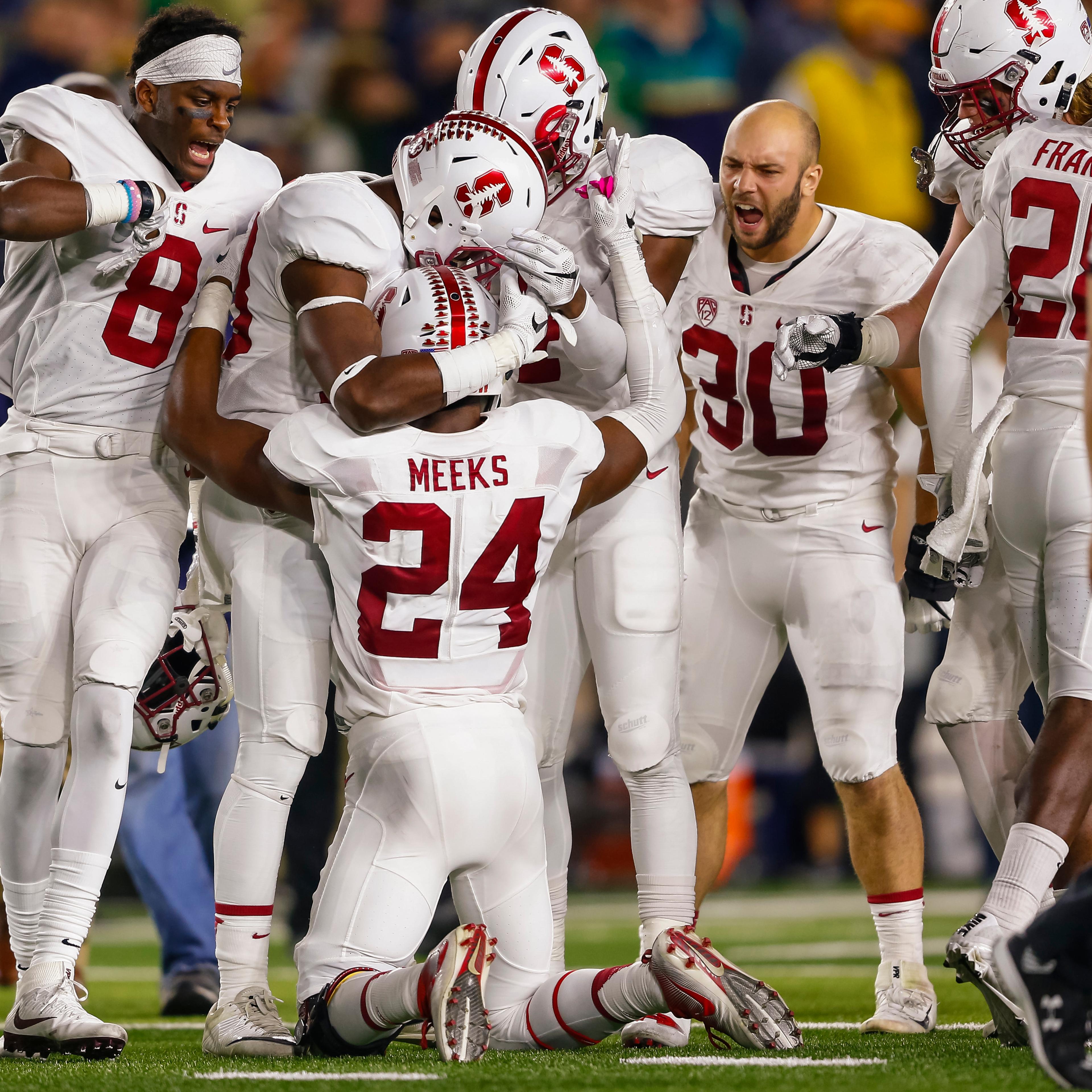Members of the Stanford Cardinal celebrate after the game against the Notre Dame Fighting Irish at Notre Dame Stadium on Oct. 15, 2016 in South Bend, Indiana.
