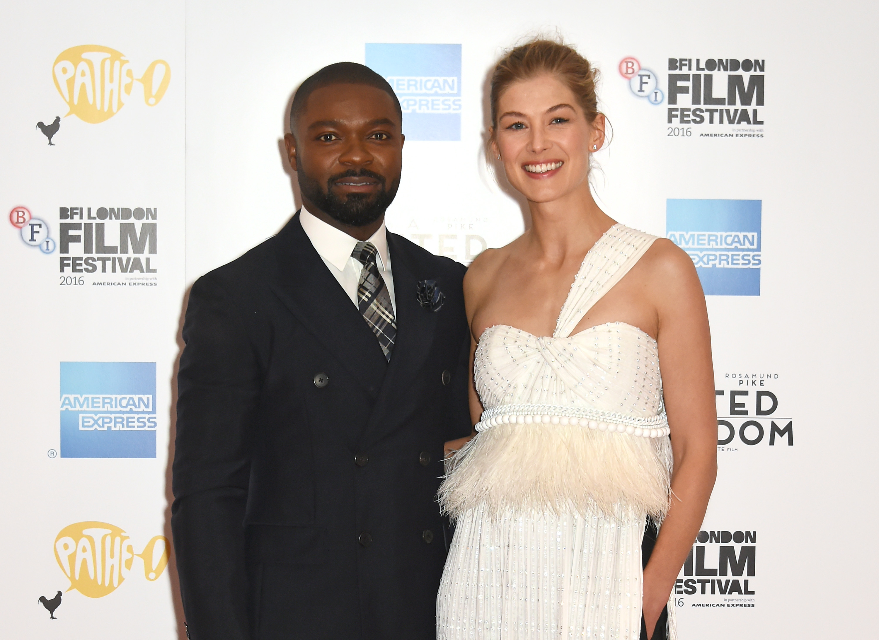David Oyelowo (L) and Rosamund Pike attend the "A United Kingdom" Opening Night Gala screening during the 60th BFI London Film Festival at Odeon Leicester Square on October 5, 2016 in London, England.