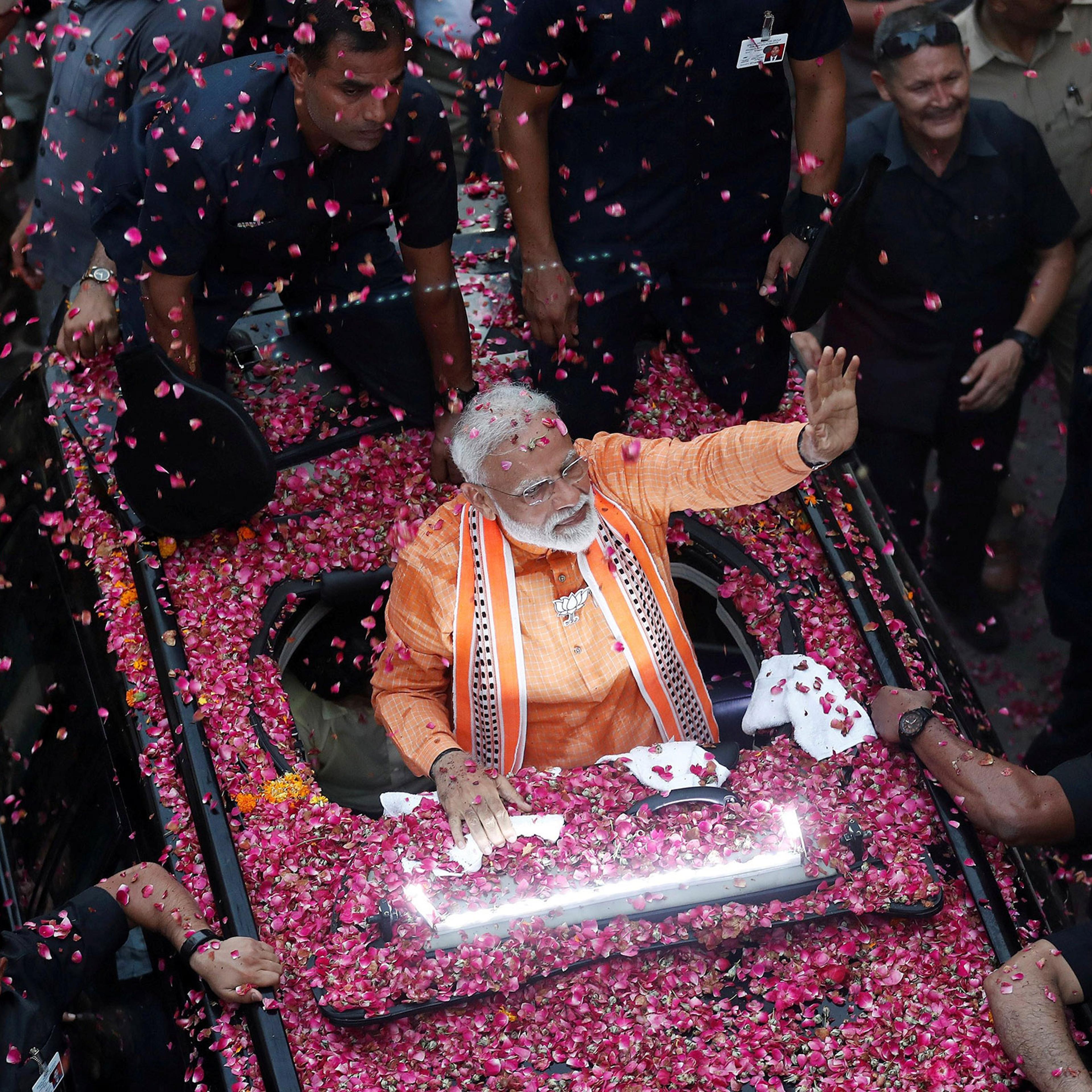 Modi during a road show in Varanasi, in the northern state of Uttar Pradesh, on April 25