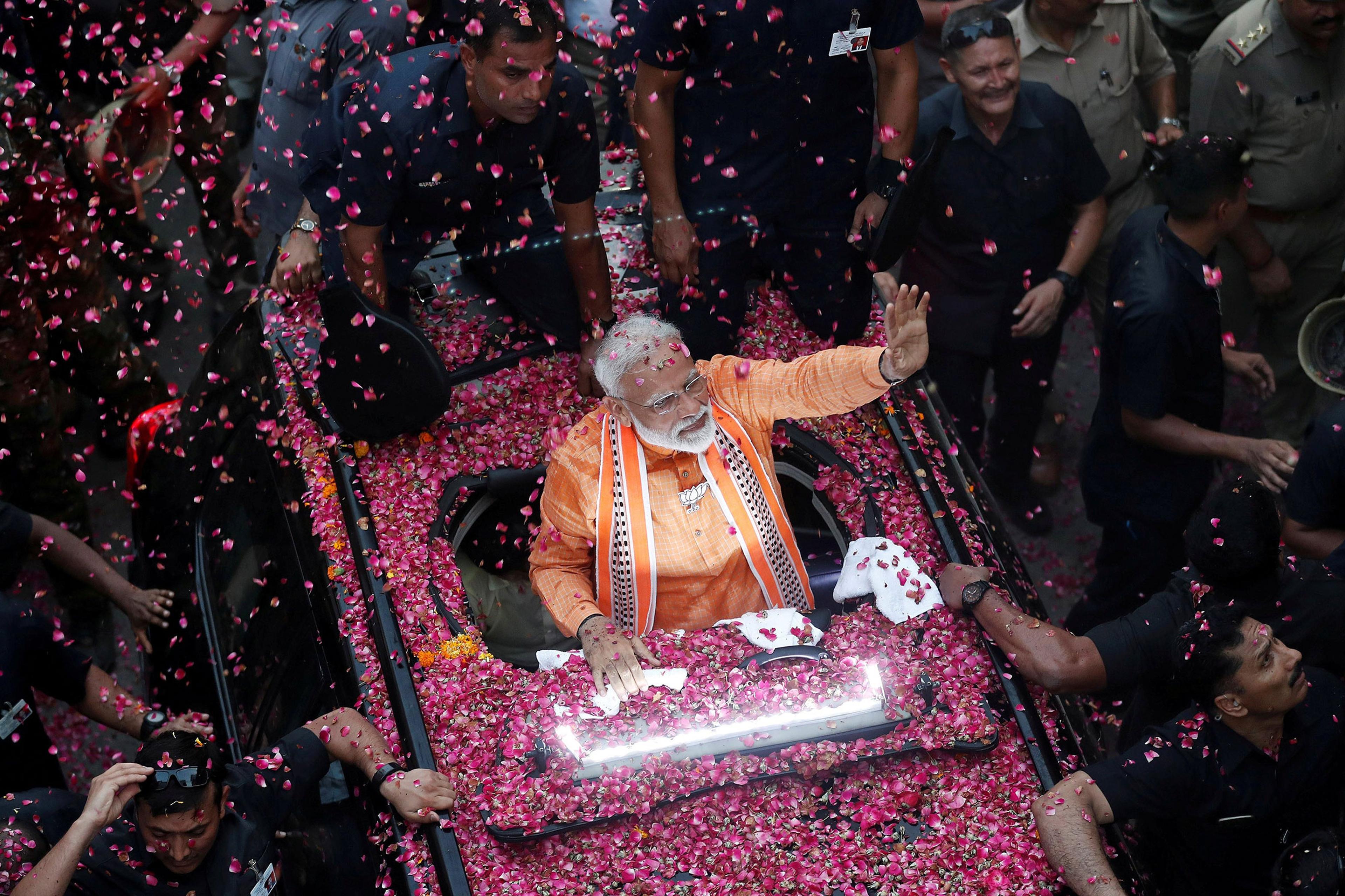 Modi during a road show in Varanasi, in the northern state of Uttar Pradesh, on April 25