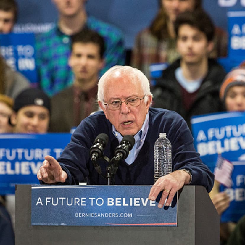 Democratic presidential candidate Sen. Bernie Sanders (D-VT) speaks at a campaign rally on February 6, 2016 in Rindge, New Hampshire.