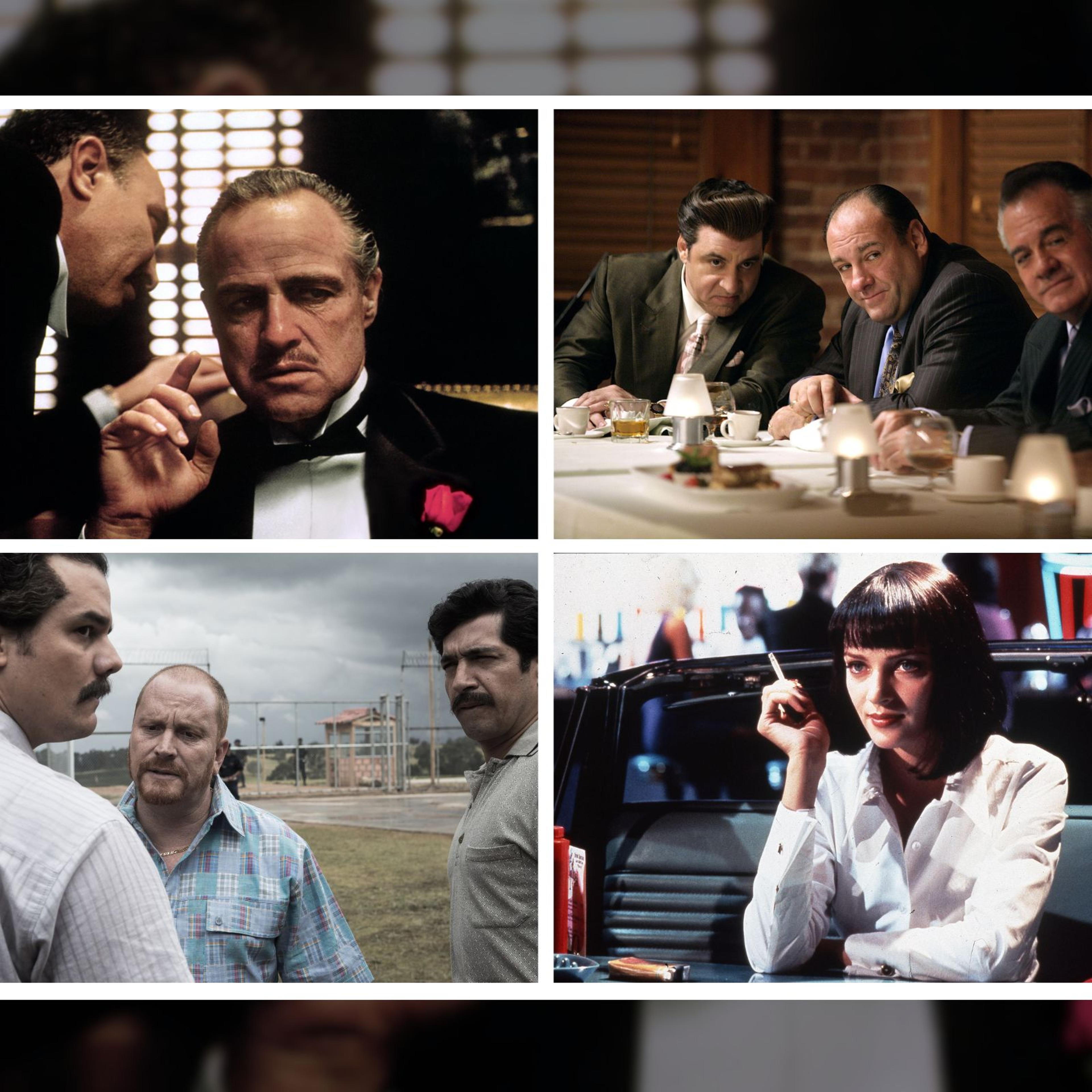 clockwise, stills from The Godfather, The Sopranos, Pulp Fiction, and Narcos