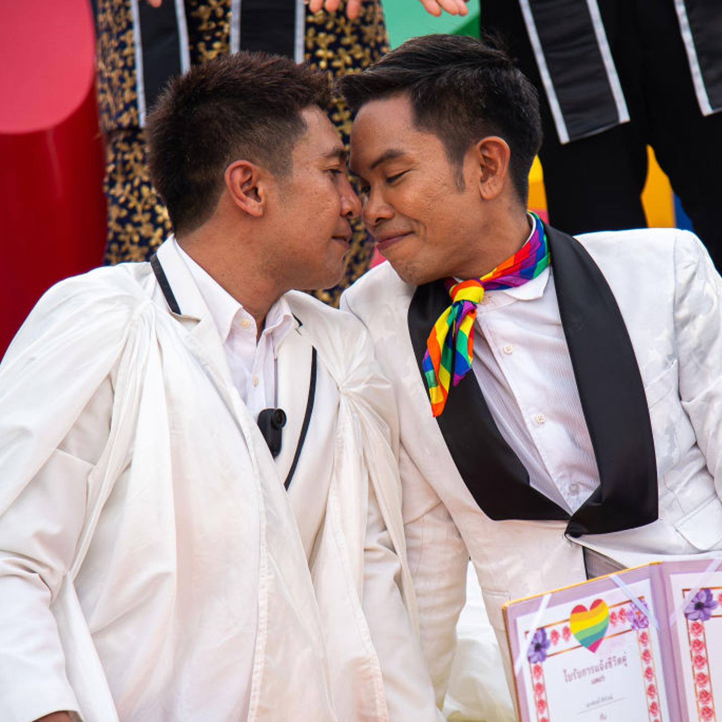 A couple poses for a photo during the celebration event at the Government house in Bangkok, Thailand, on June 18, 2024.