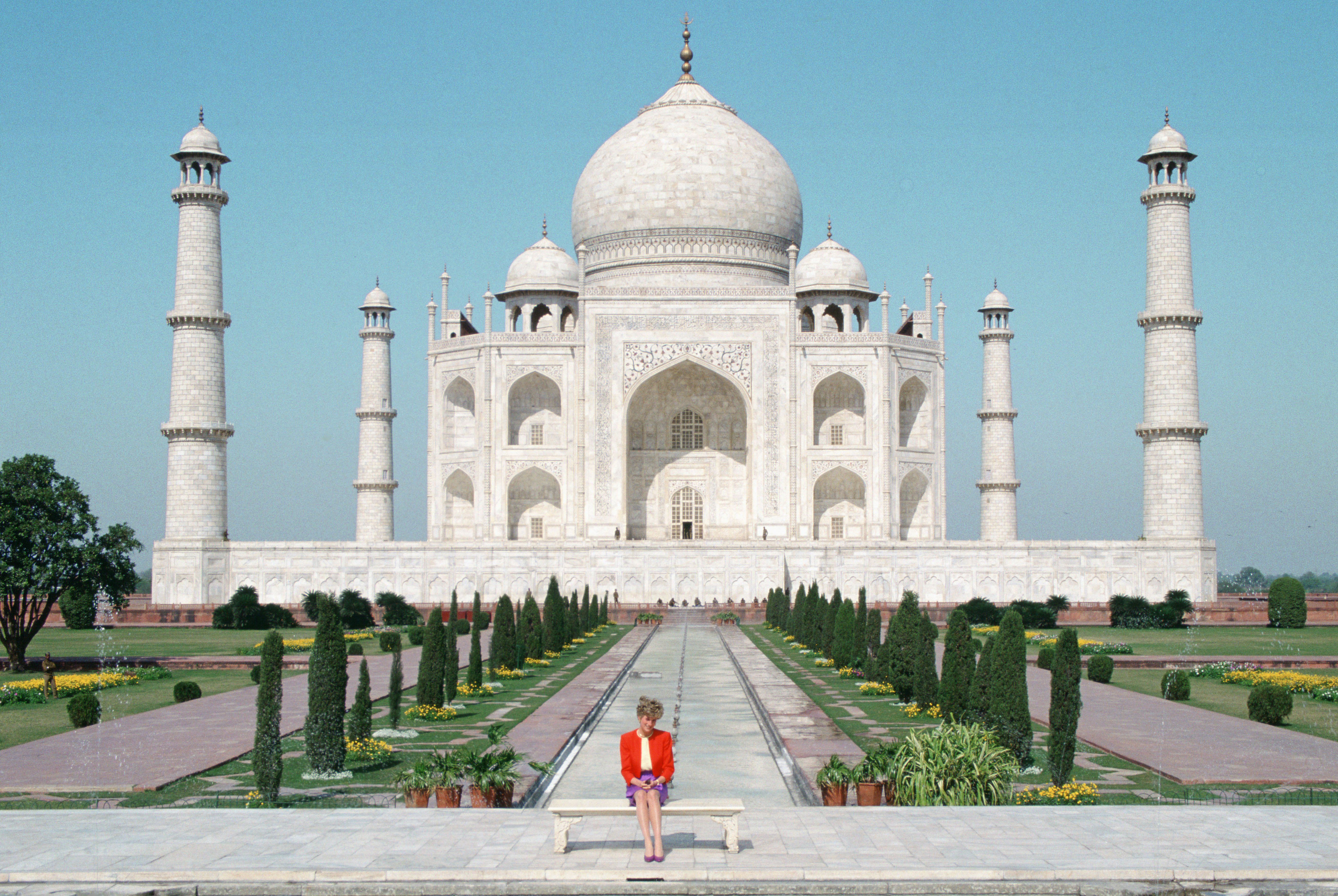 Princess Diana sits in front of the Taj Mahal in Agra, India, Feb. 11, 1992.