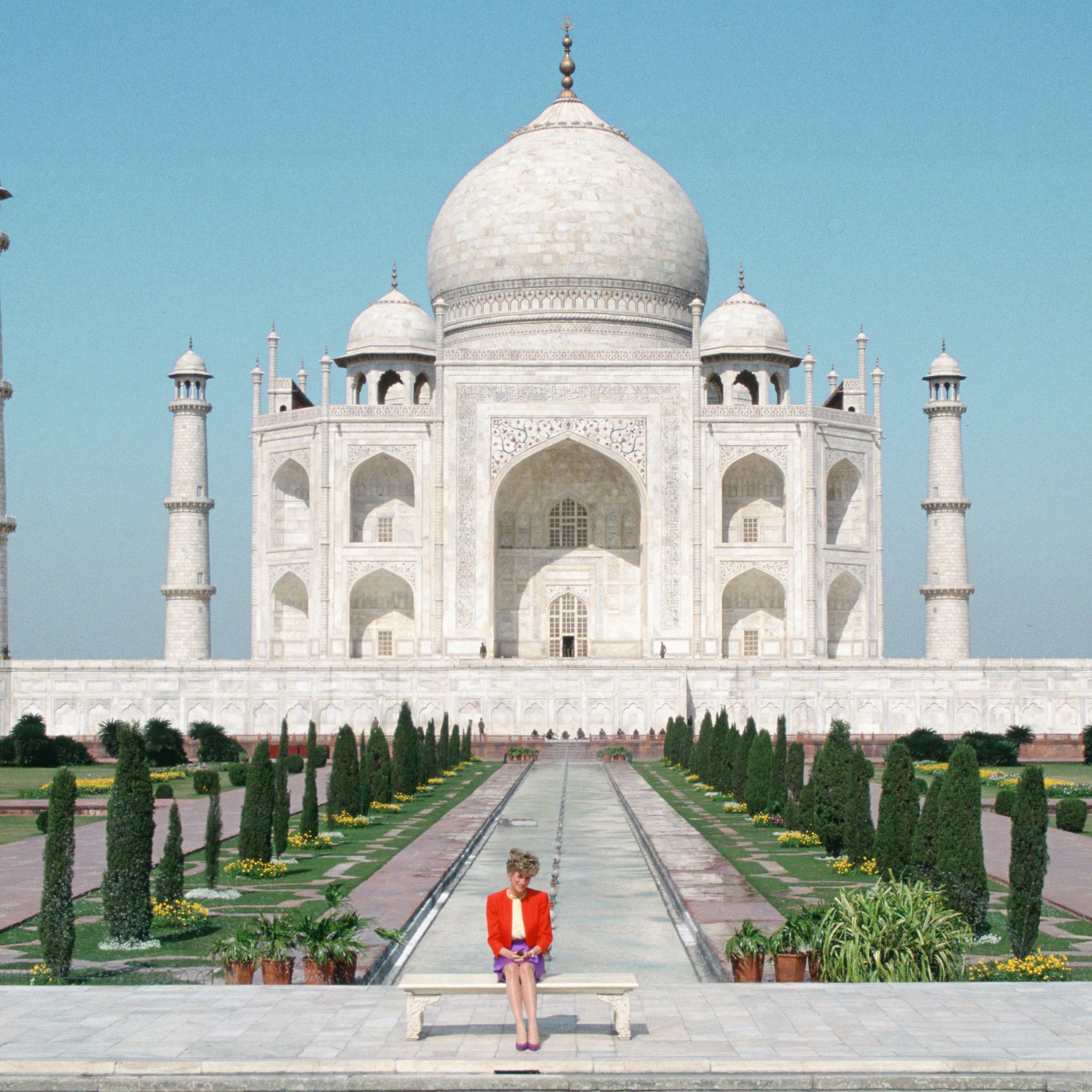 Princess Diana sits in front of the Taj Mahal in Agra, India, Feb. 11, 1992.