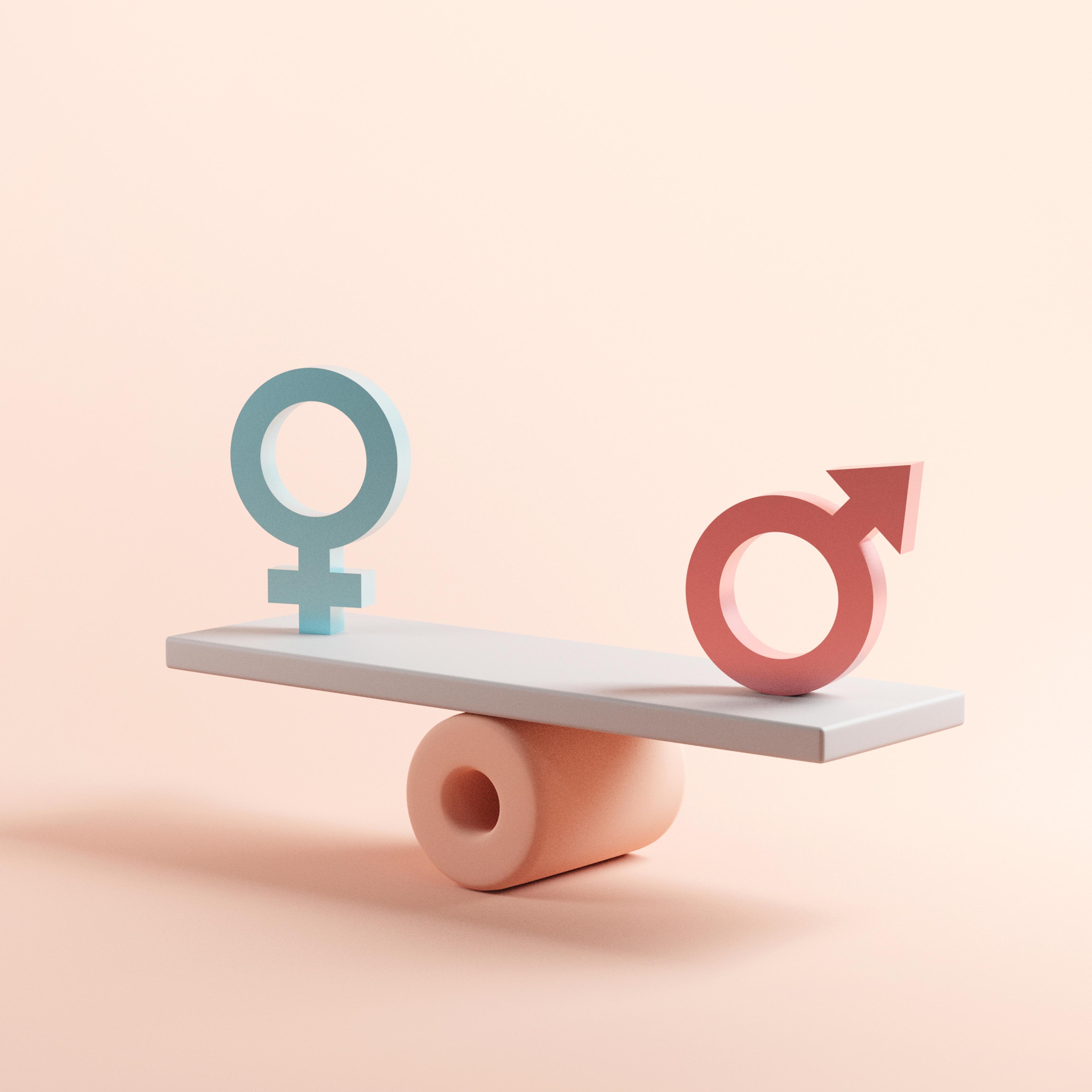 Gender equality concept. Male and female symbol on the scales with balance on blue background. minimal style.