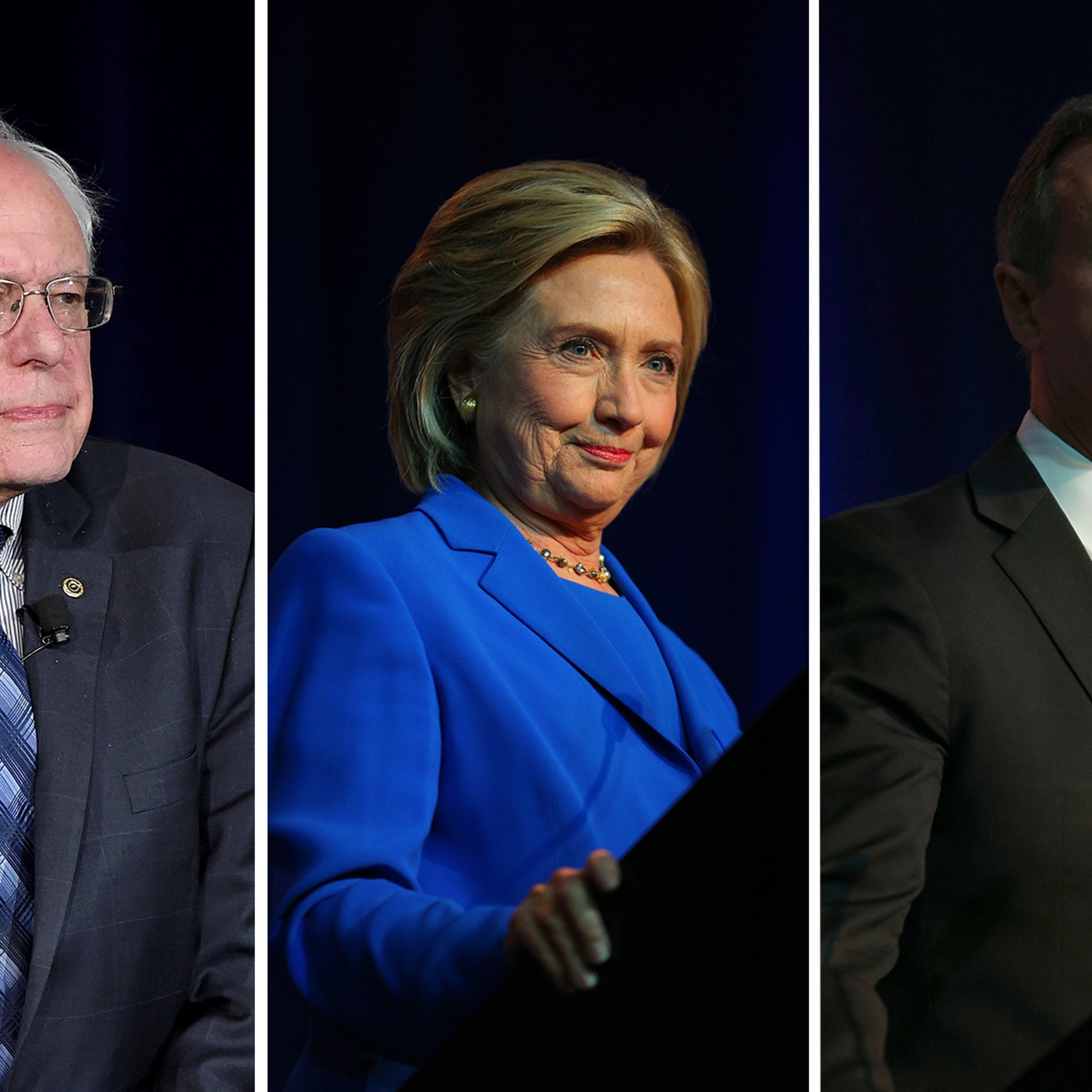 Democratic presidential candidates, from left, Bernie Sanders, Hillary Clinton and Martin O'Malley.
