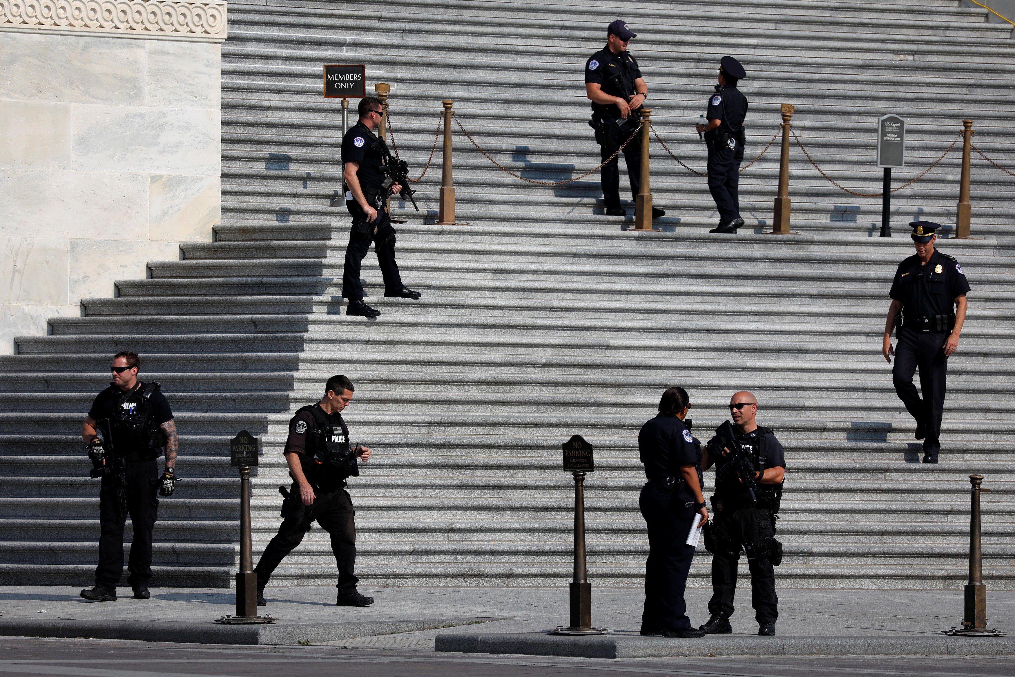 U.S. Capitol Police keep watch on Capitol Hill following a shooting in nearby Alexandria, in Washington