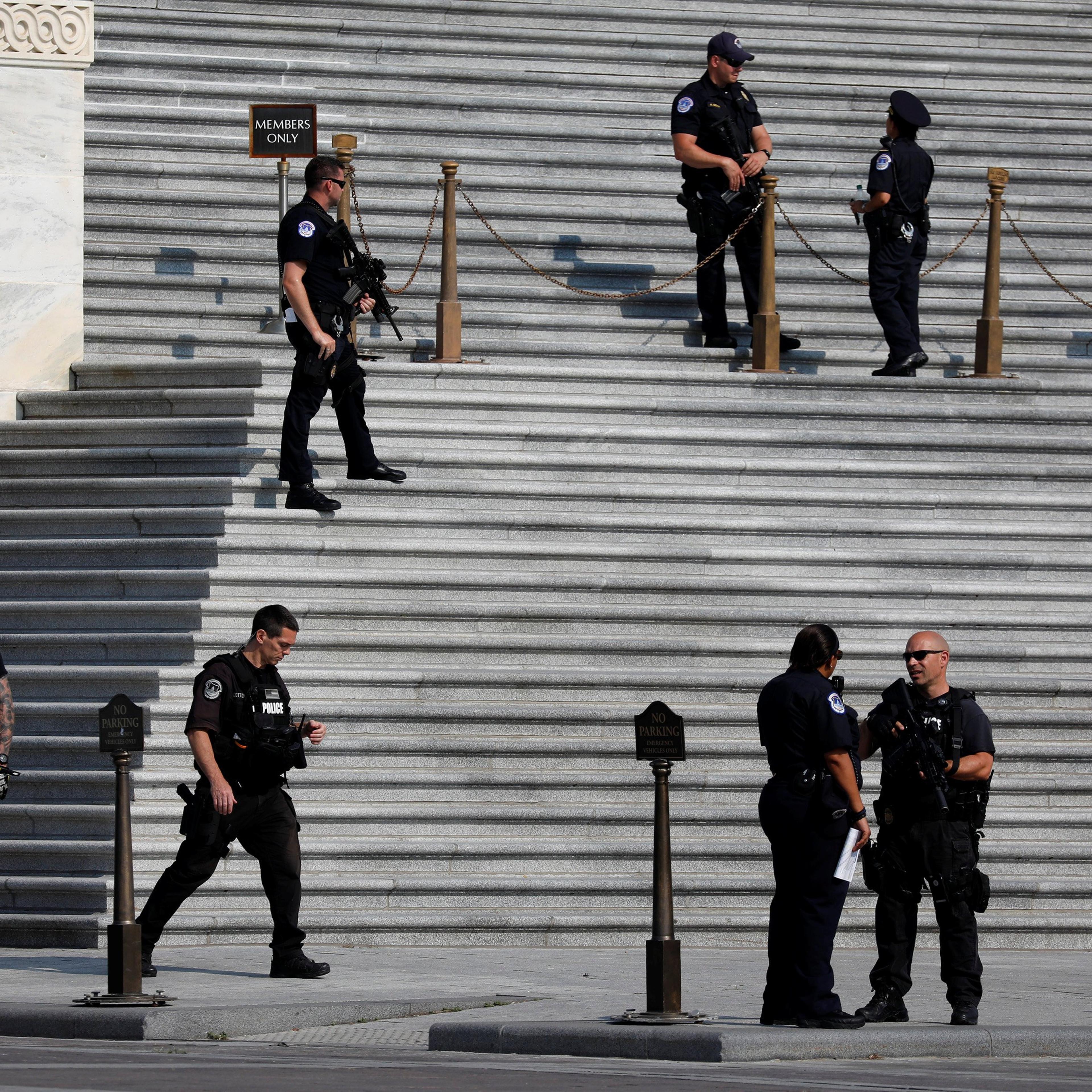 U.S. Capitol Police keep watch on Capitol Hill following a shooting in nearby Alexandria, in Washington
