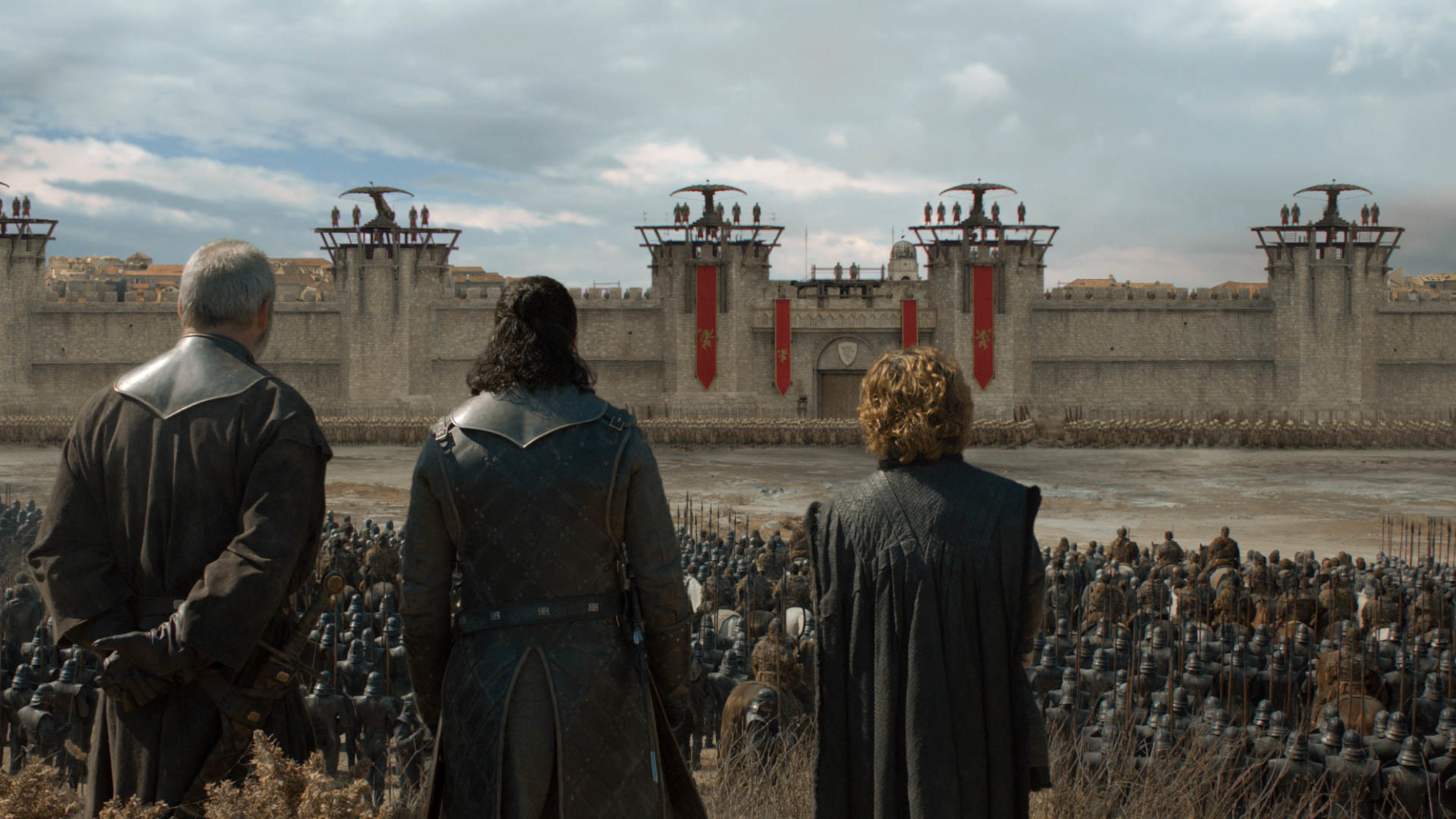 Liam Cunningham as Davos Seaworth, Kit Harington as Jon Snow, and Peter Dinklage as Tyrion Lannister.