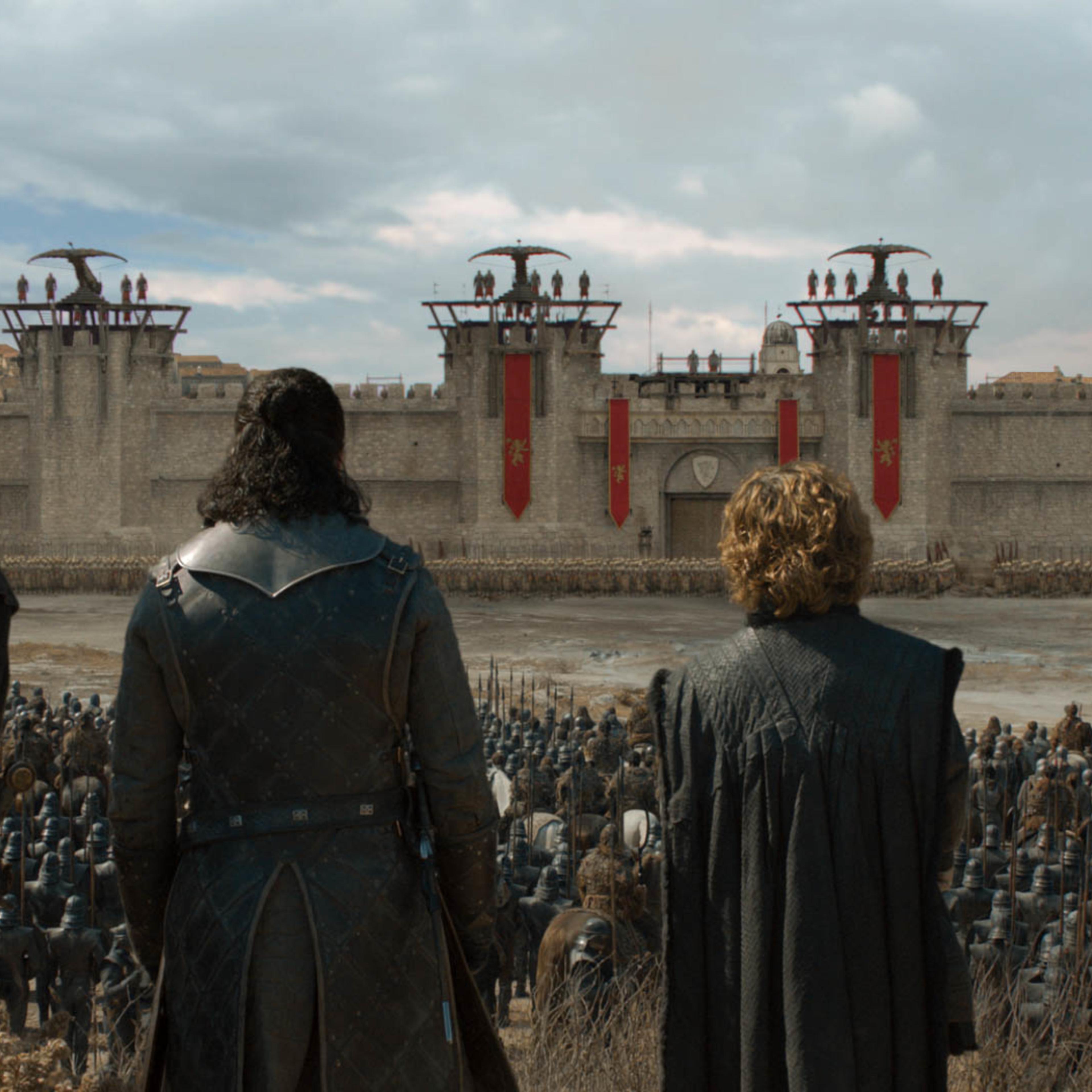 Liam Cunningham as Davos Seaworth, Kit Harington as Jon Snow, and Peter Dinklage as Tyrion Lannister.