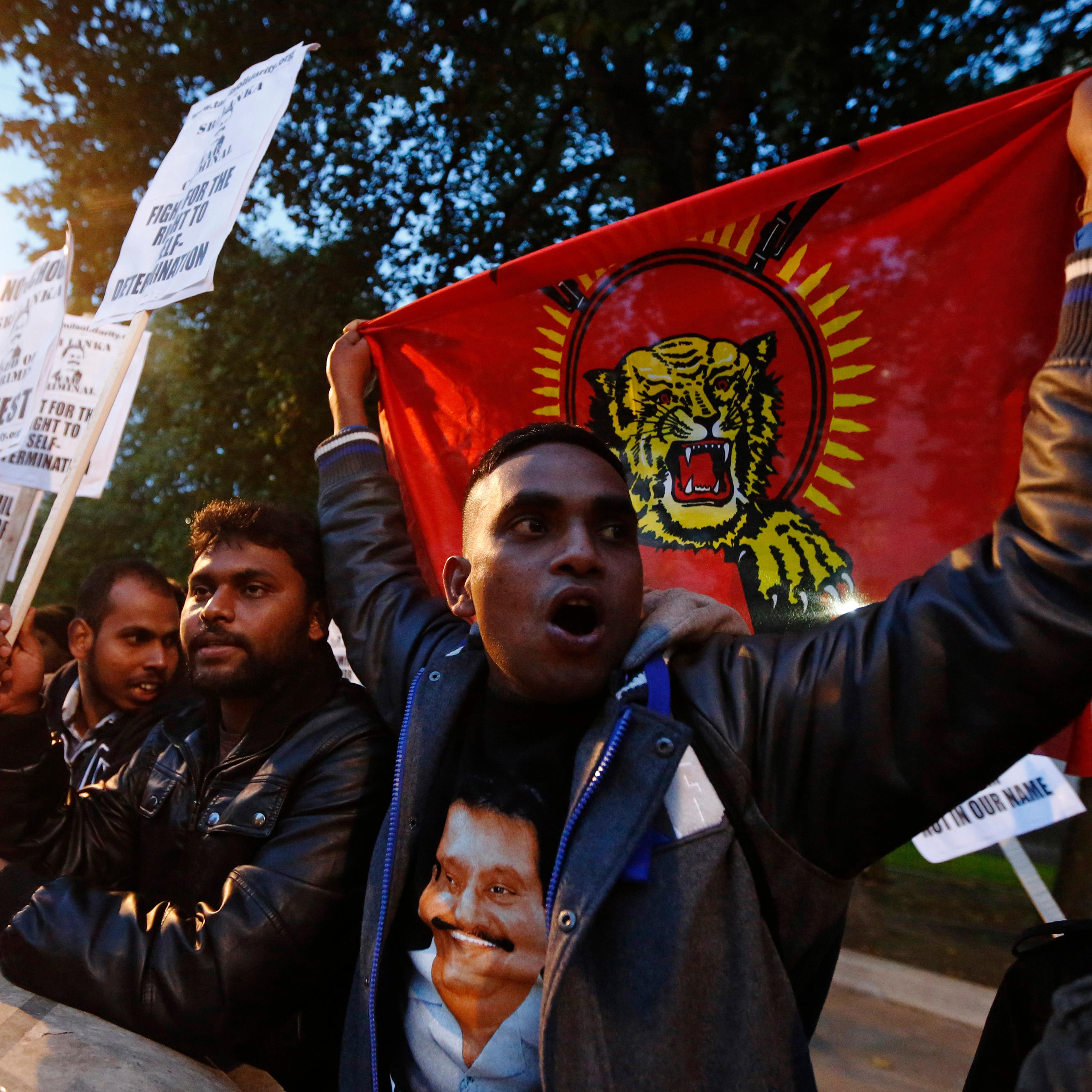 Tamil demonstrators protest outside Downing Street in London