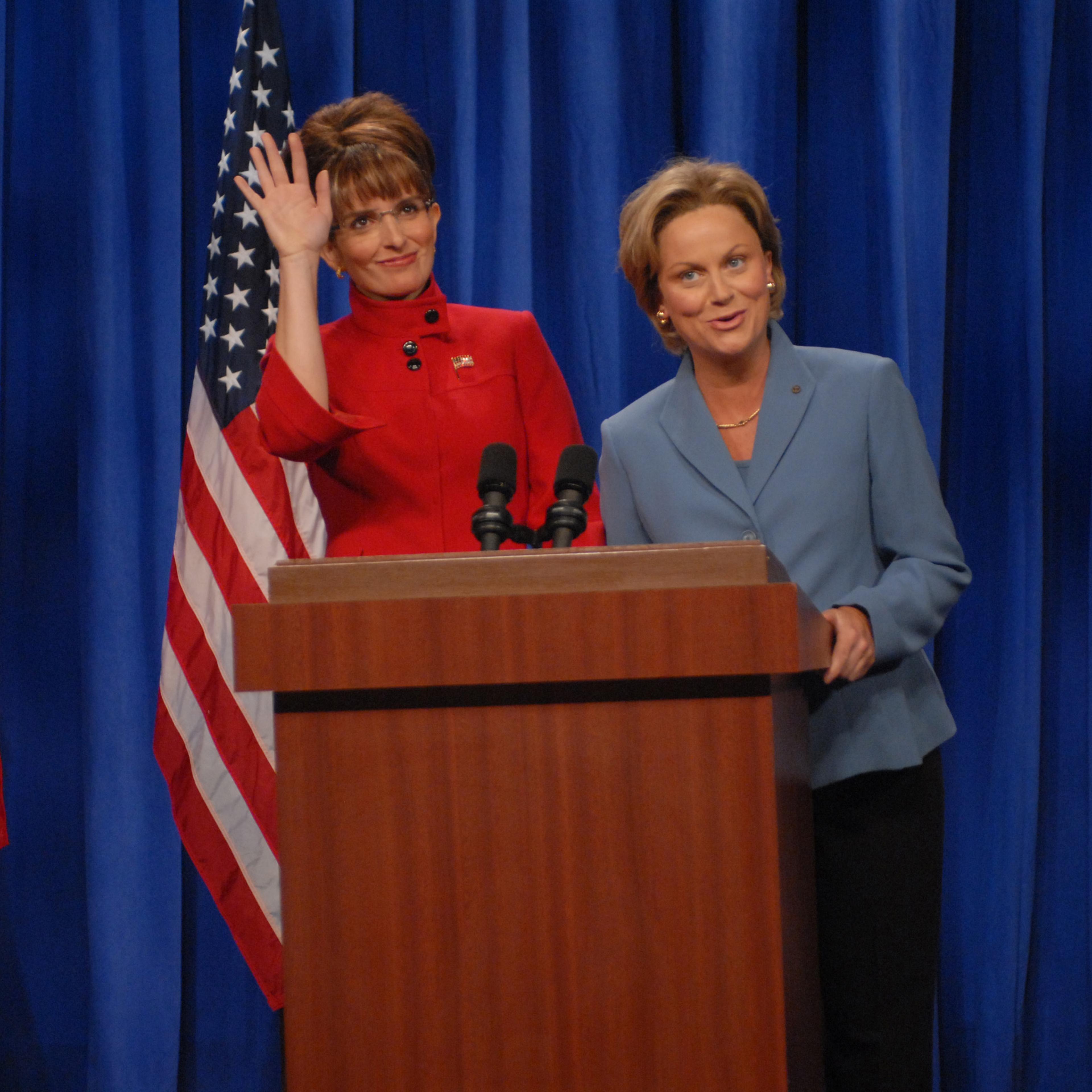 Tina Fey as Governor Sarah Palin, Amy Poehler as Senator Hillary Clinton during 'A Nonpartisan Message From Sarah Palin & Hillary Clinton' skit on Sept. 13, 2008.