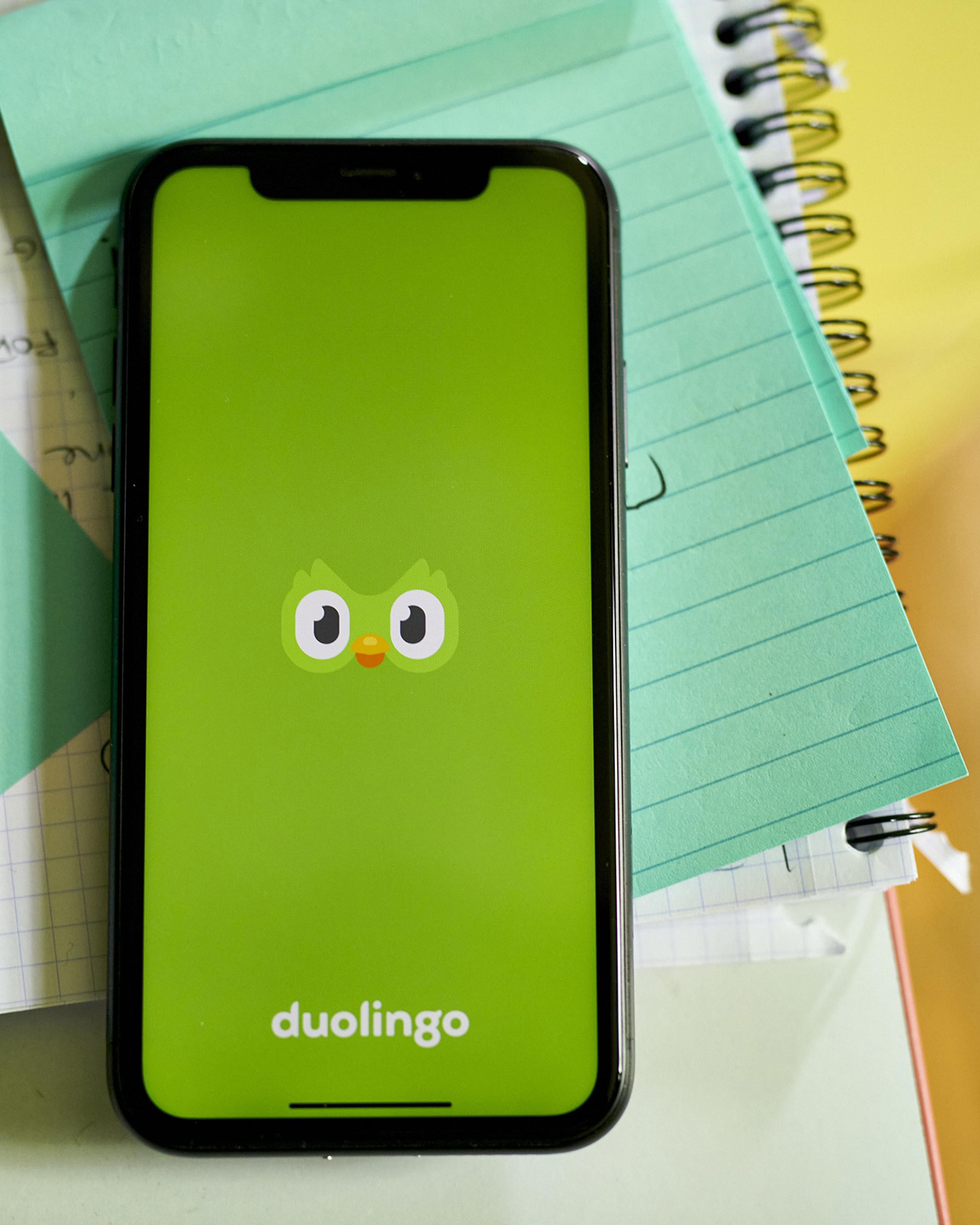 The Duolingo logo is seen on a smartphone.