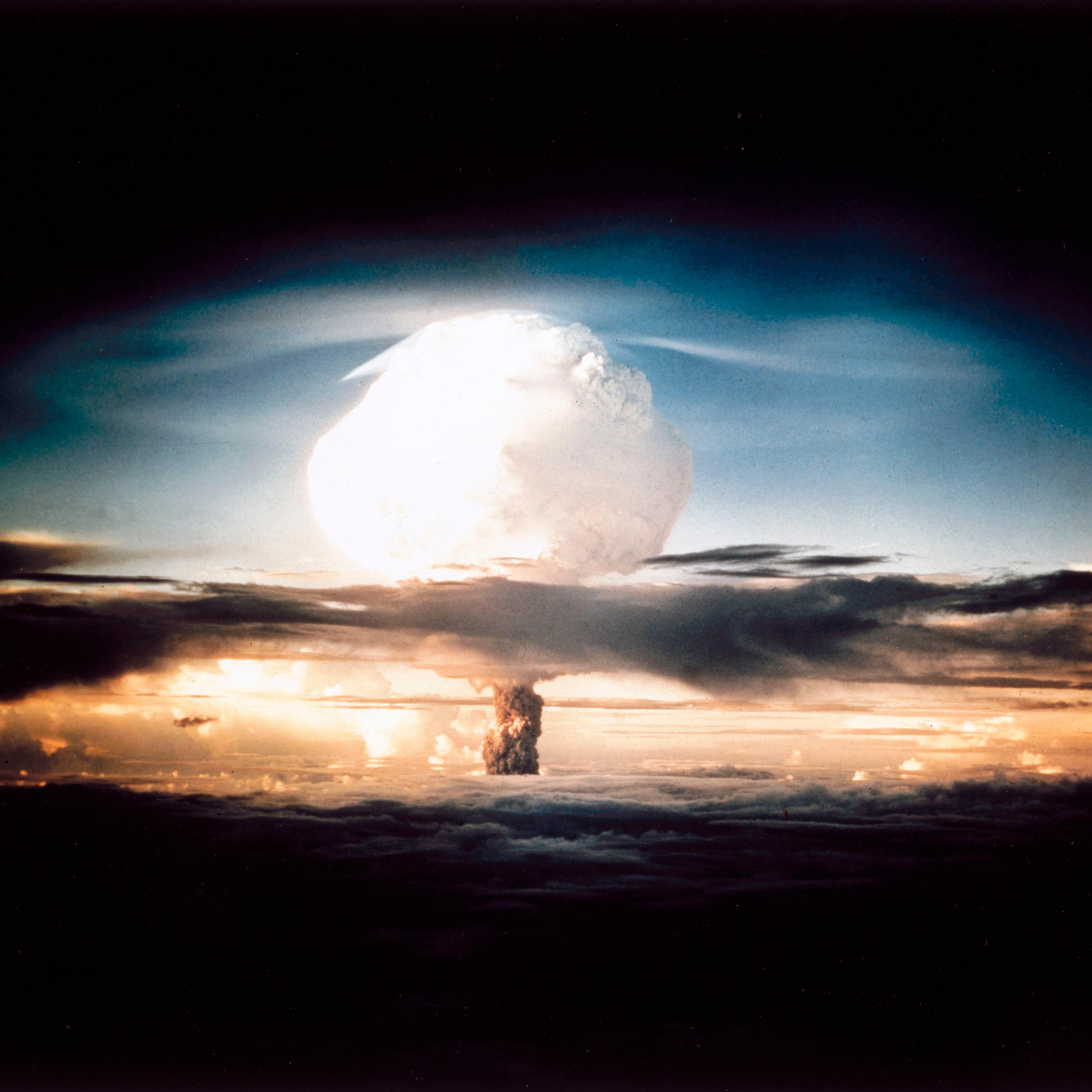 The mushroom cloud produced by the first explosion by the Americans of a hydrogen bomb at Eniwetok Atoll in the South Pacific.