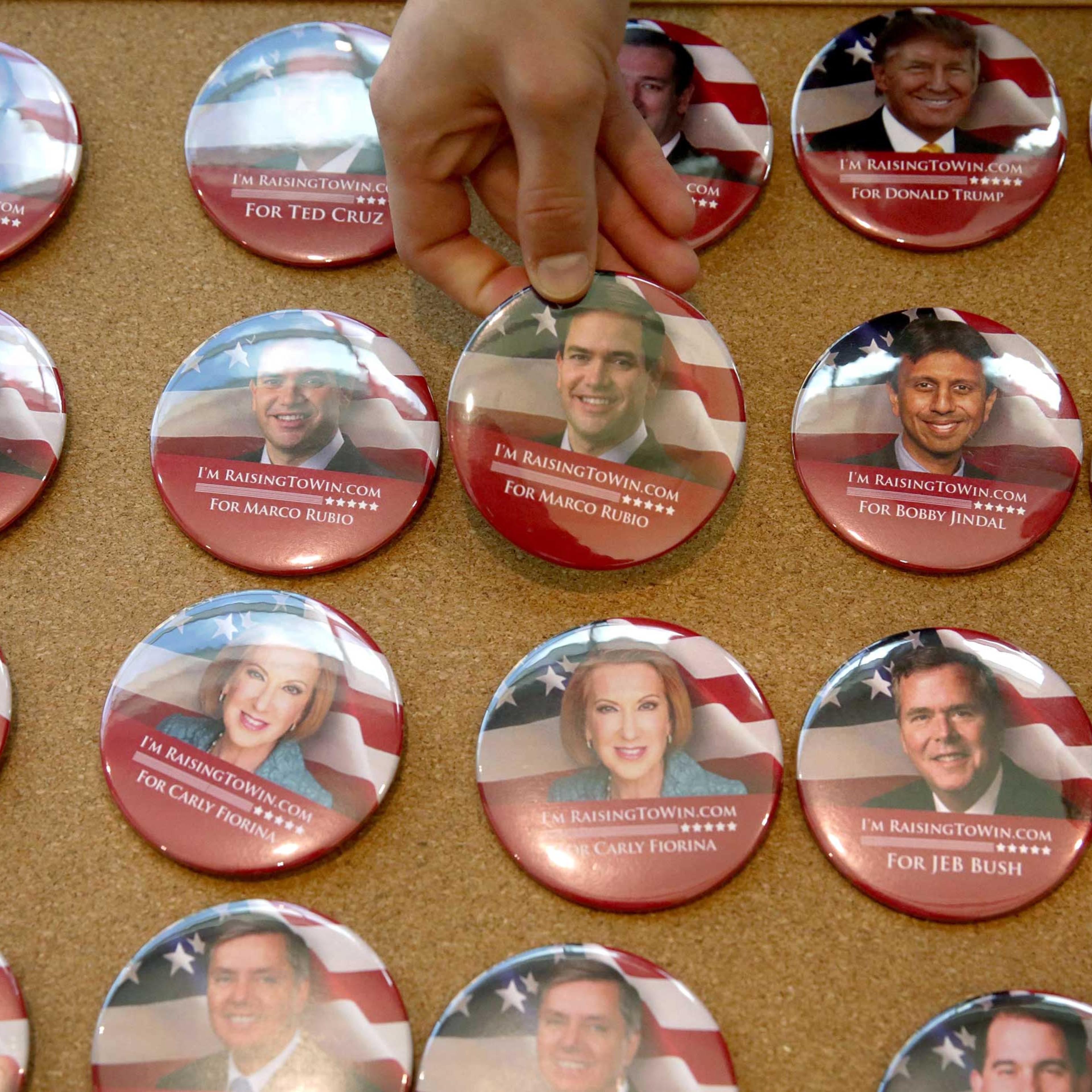 Buttons featuring Republican presidential hopefuls on display during the 2015 Southern Republican Leadership Conference in Oklahoma City on May 21, 2015.