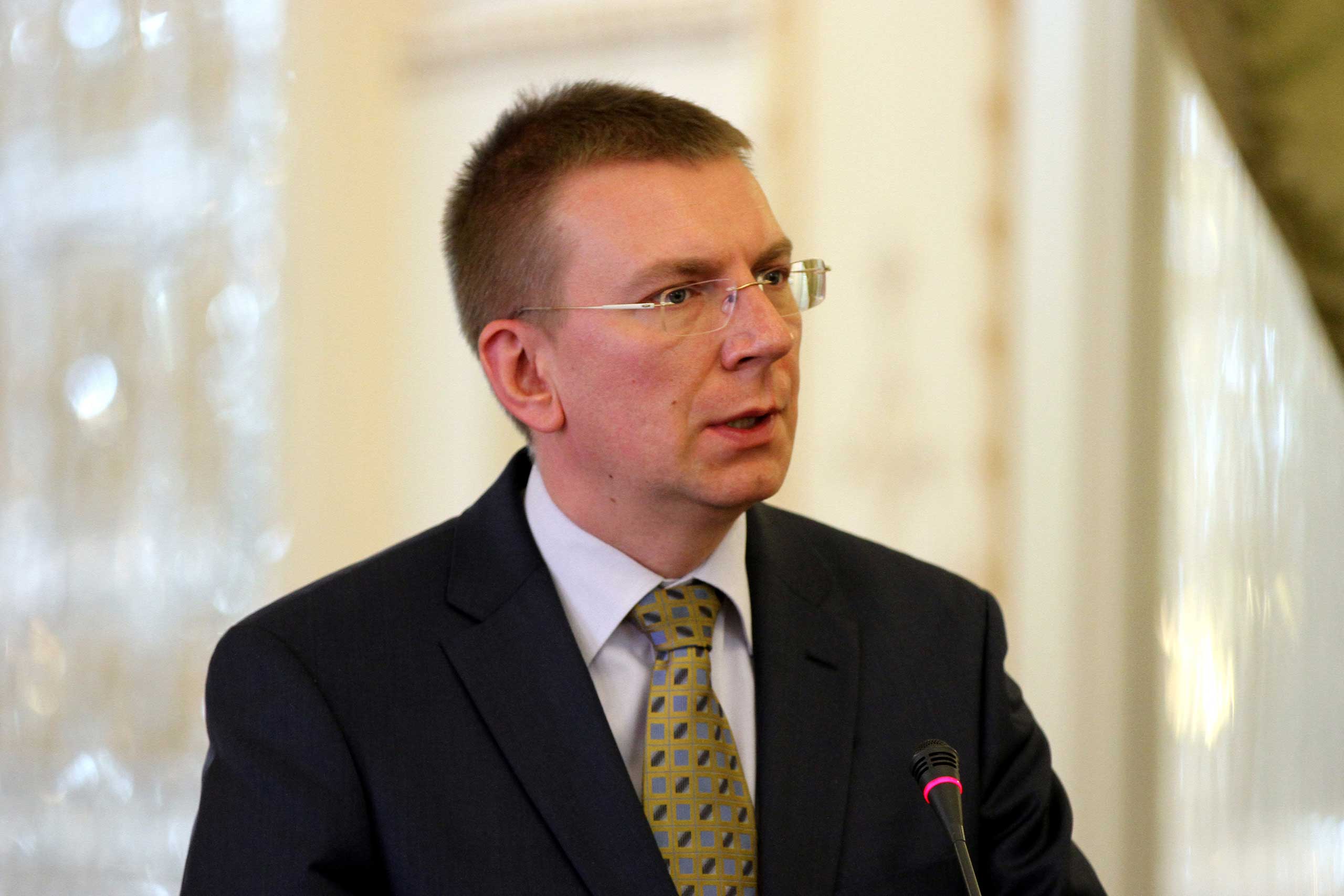 Latvian Foreign Minister Edgars Rinkevics attends a press conference in Tehran, Iran on April 23, 2014.