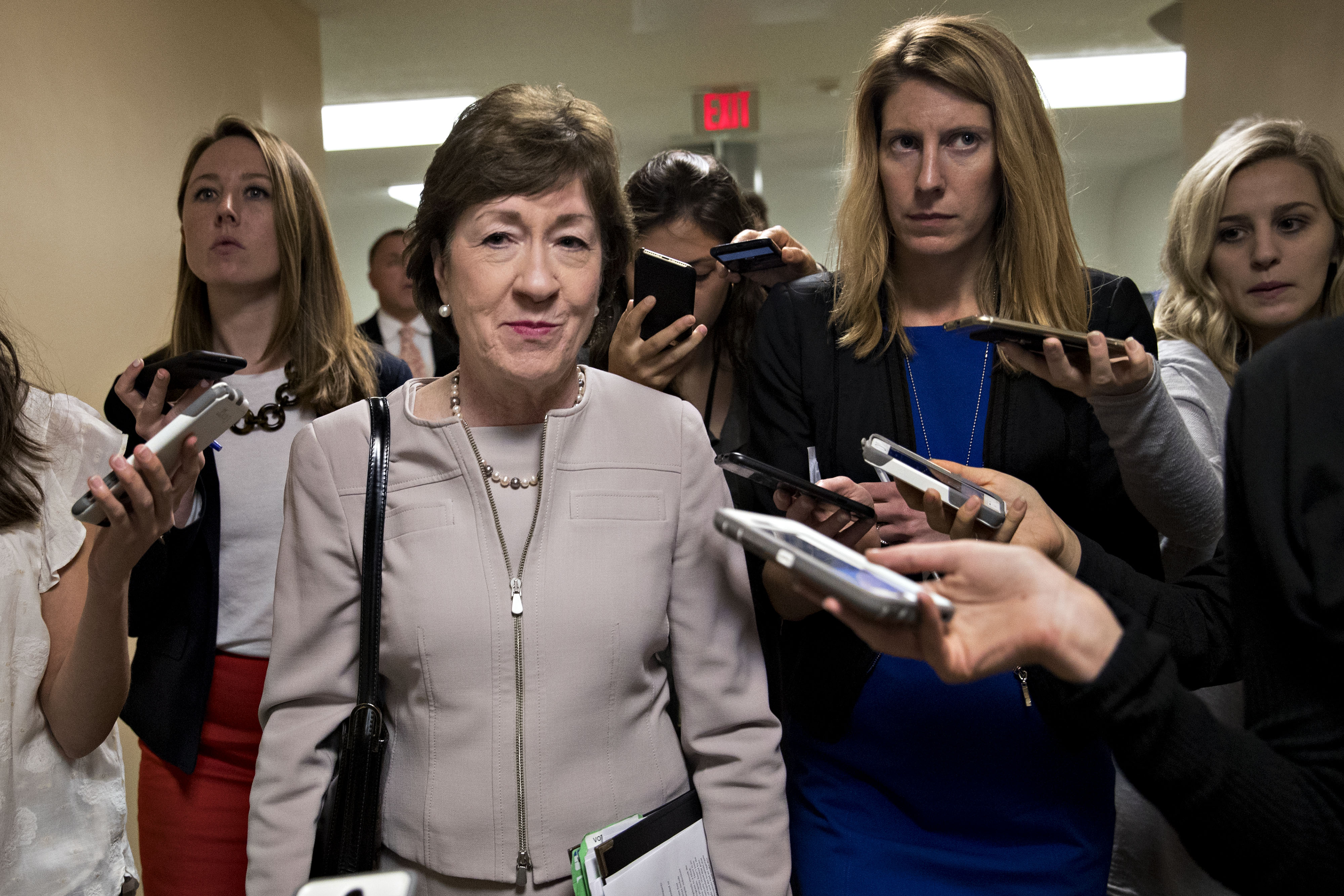 Senator Susan Collins, a Republican from Maine, speaks to members of the media in the basement of the U.S. Capitol in Washington, D.C., on Tuesday, Sept. 19, 2017.