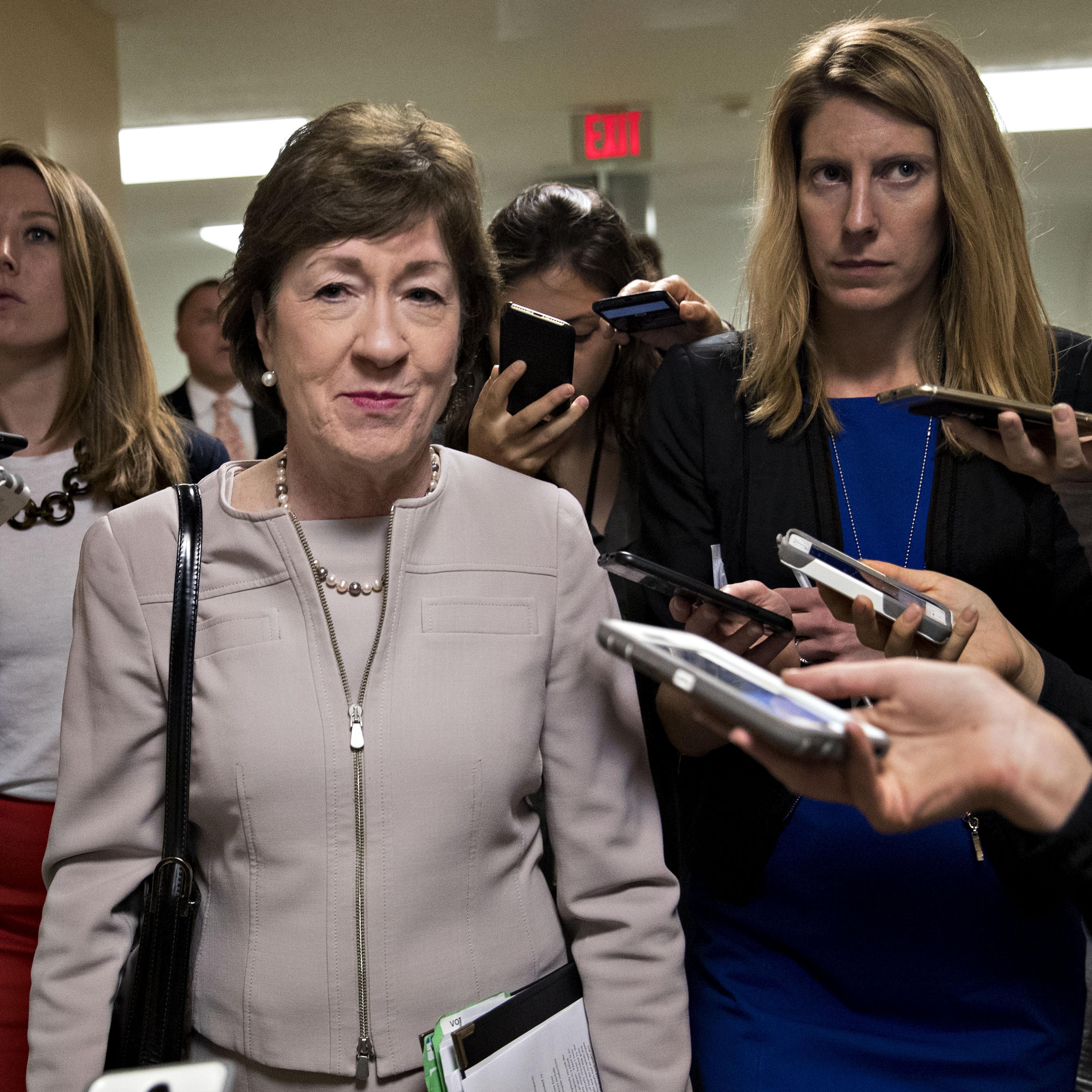 Senator Susan Collins, a Republican from Maine, speaks to members of the media in the basement of the U.S. Capitol in Washington, D.C., on Tuesday, Sept. 19, 2017.