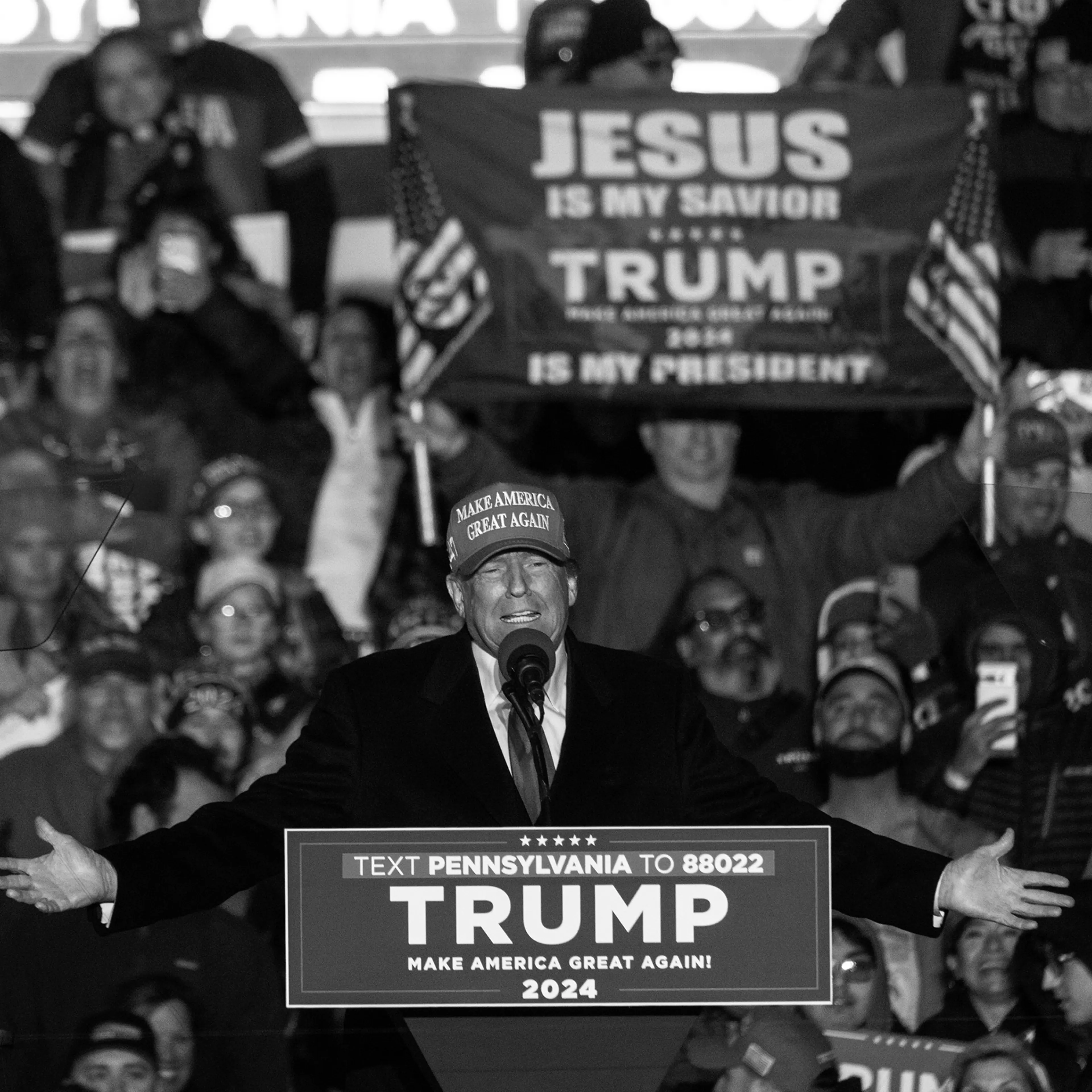 Trump addresses the crowd at a campaign rally in Schnecksville, Penn., on April 13.