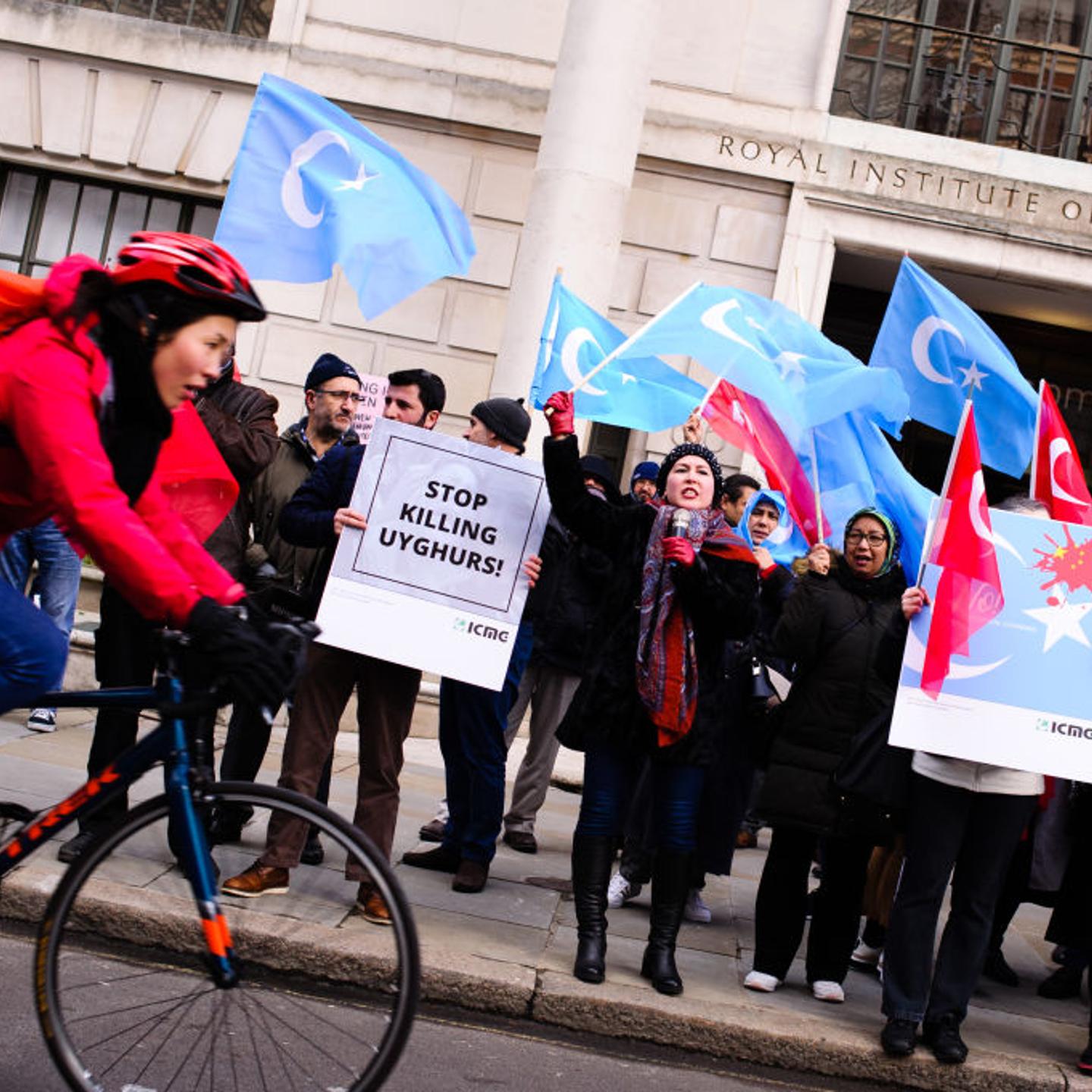 Activists protest the treatment of Uyghur Muslims by Chinese authorities