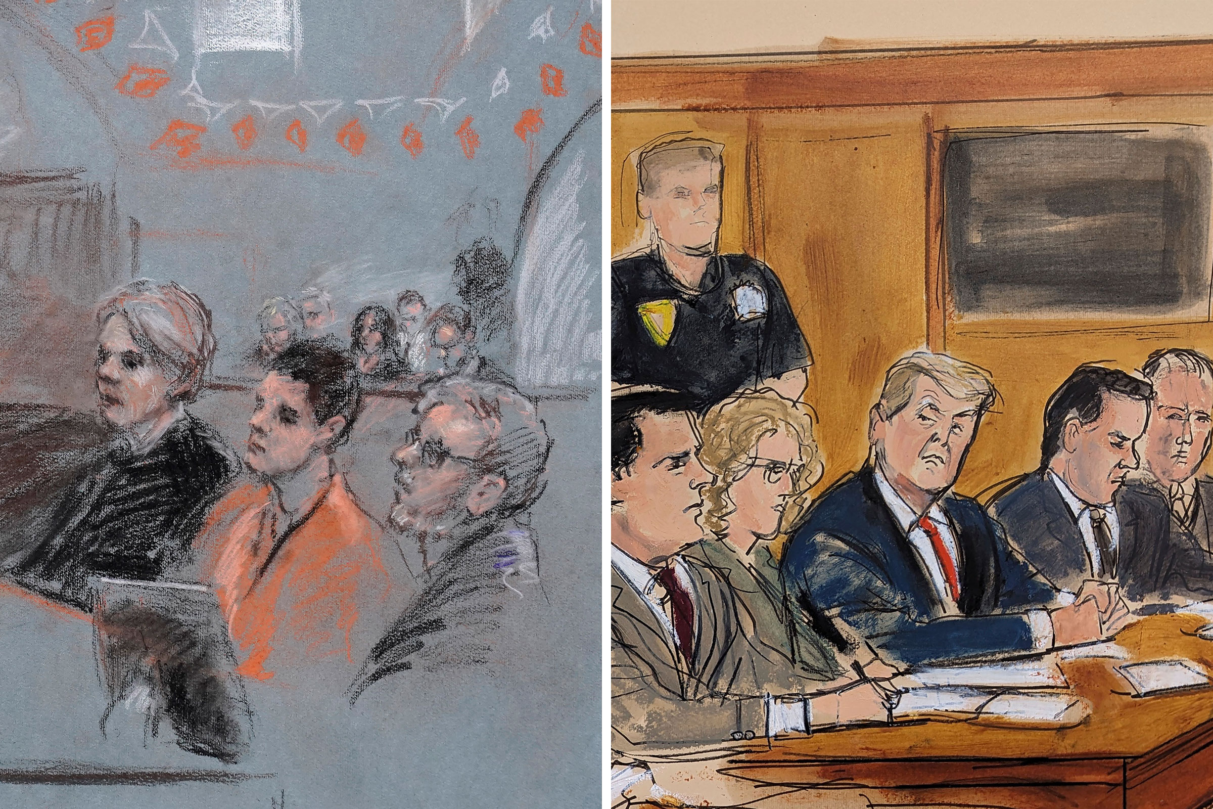 This artist sketch depicts Massachusetts Air National Guardsman Jack Teixeira, seated second from right, appears in U.S. District Court, in Boston, April 19; This artist sketch depicts former President Donald Trump, seated center, watching as Assistant D
