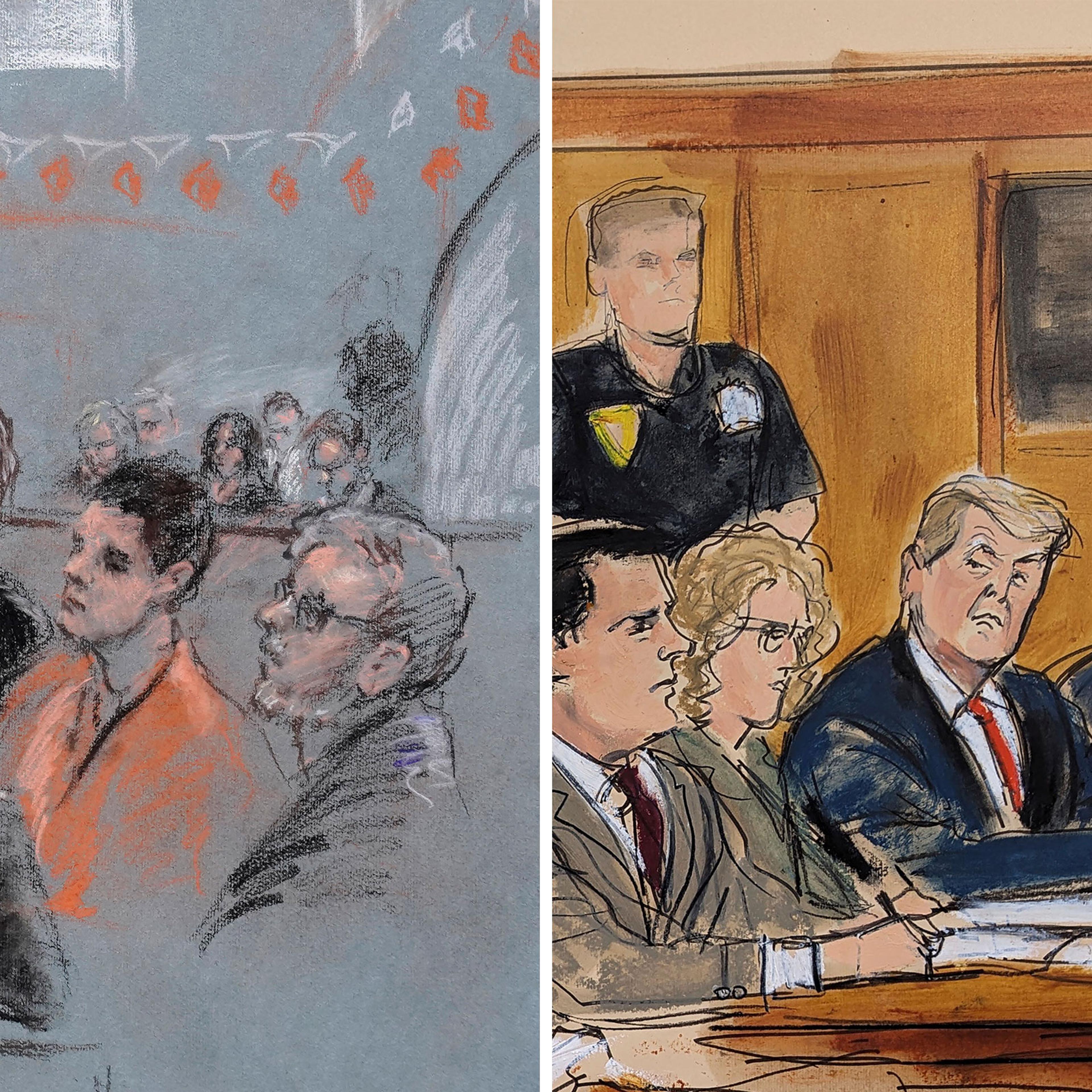 This artist sketch depicts Massachusetts Air National Guardsman Jack Teixeira, seated second from right, appears in U.S. District Court, in Boston, April 19; This artist sketch depicts former President Donald Trump, seated center, watching as Assistant D