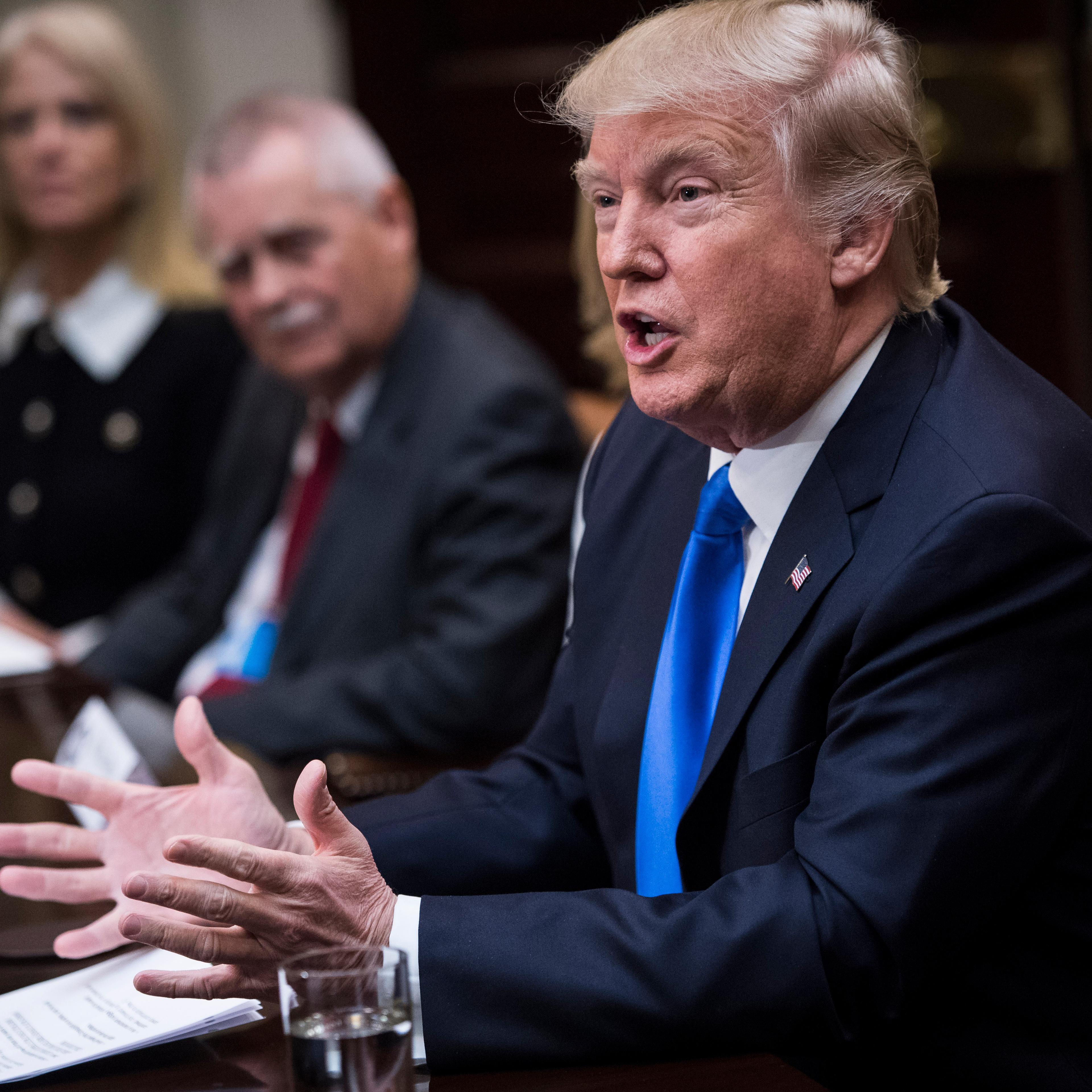 President Trump speaks during a meeting with a group to discuss the nomination of Neil Gorsuch to the Supreme Court in the Roosevelt Room of the White House in Washington, on Feb. 01, 2017.