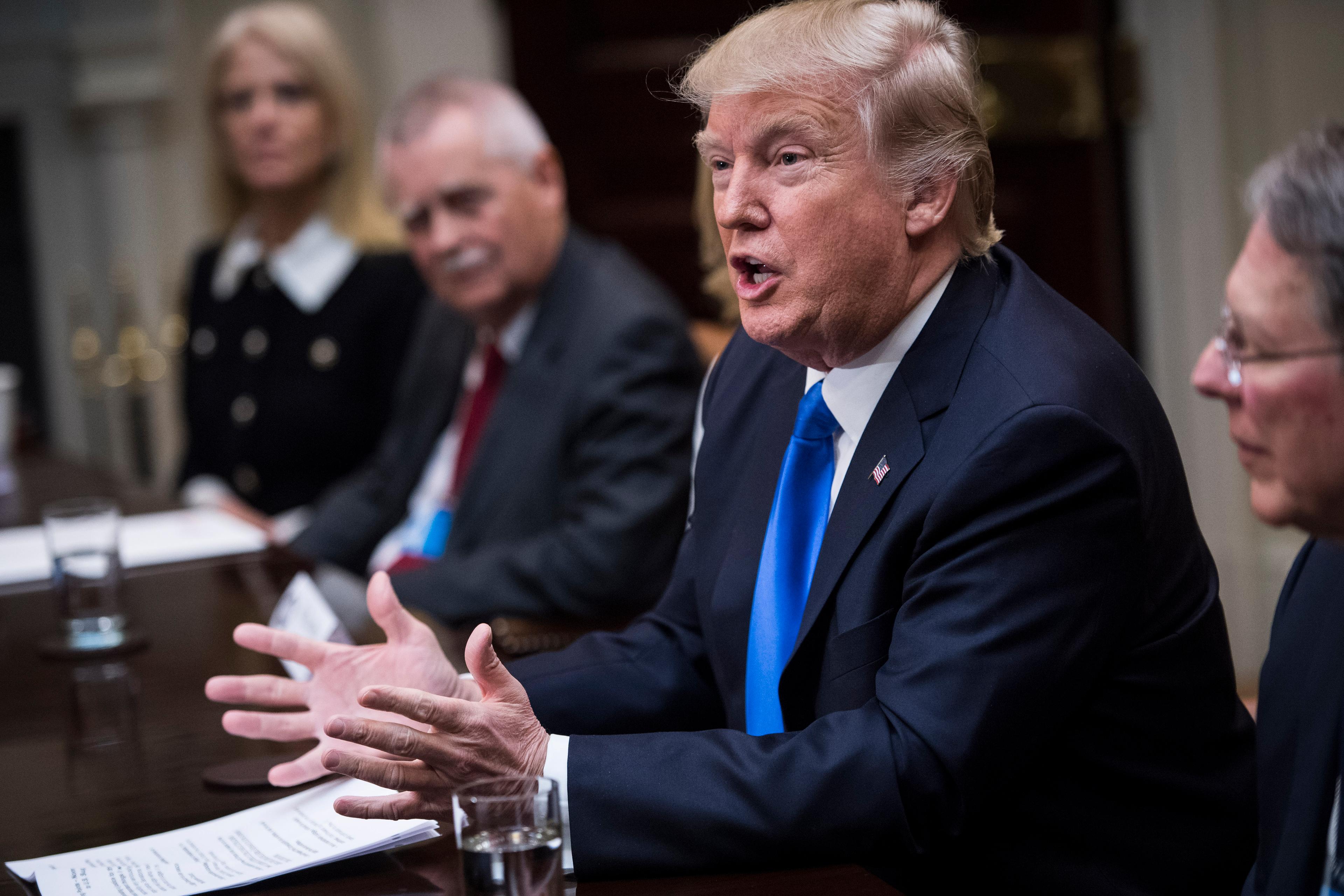 President Trump speaks during a meeting with a group to discuss the nomination of Neil Gorsuch to the Supreme Court in the Roosevelt Room of the White House in Washington, on Feb. 01, 2017.