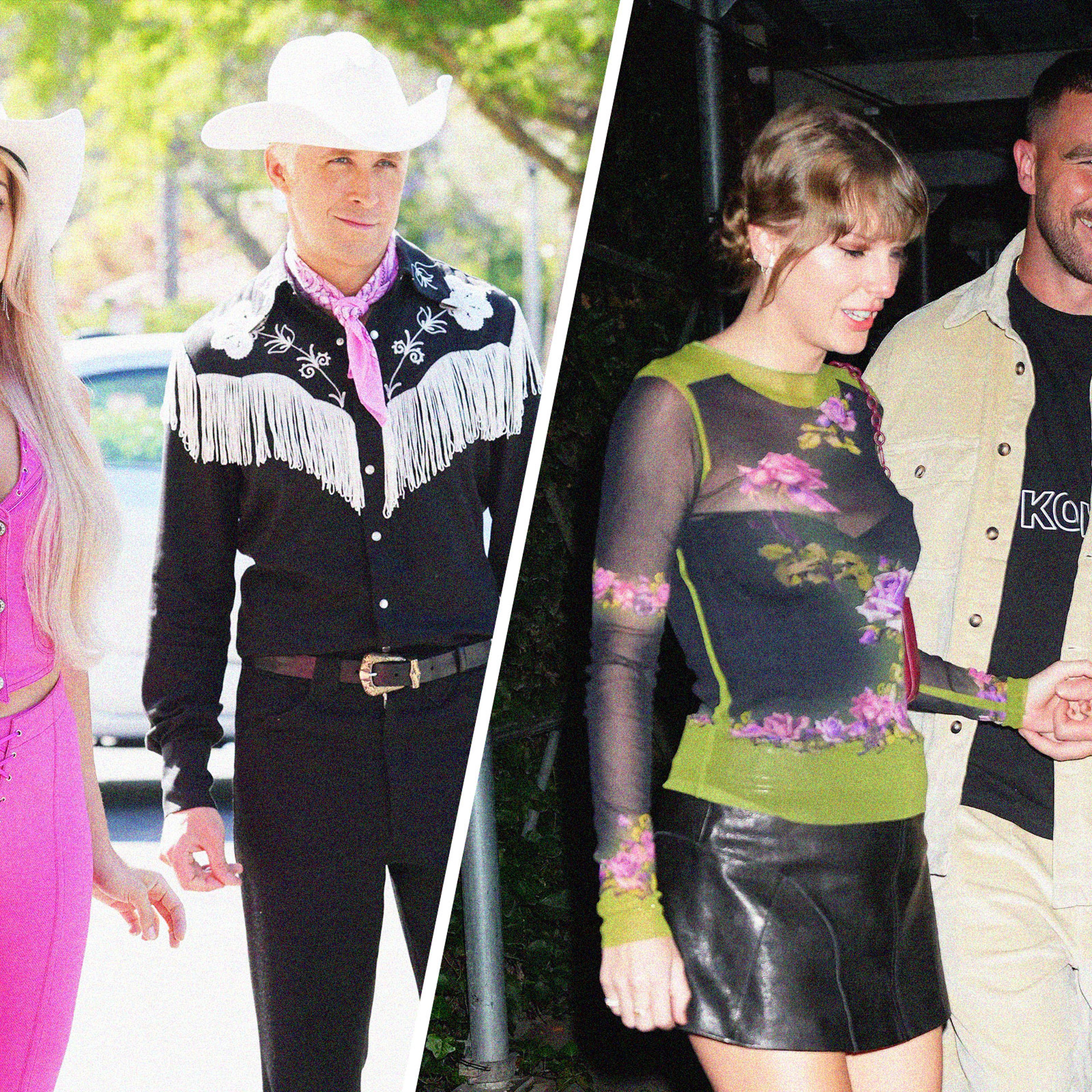 Margot Robbie and Ryan Gosling in Barbie; Taylor Swift and Travis Kelce