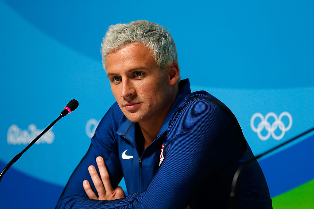 Ryan Lochte attends a press conference in the Main Press Centre on Day 7 of the Rio Olympics on August 12, 2016 in Rio de Janeiro, Brazil.