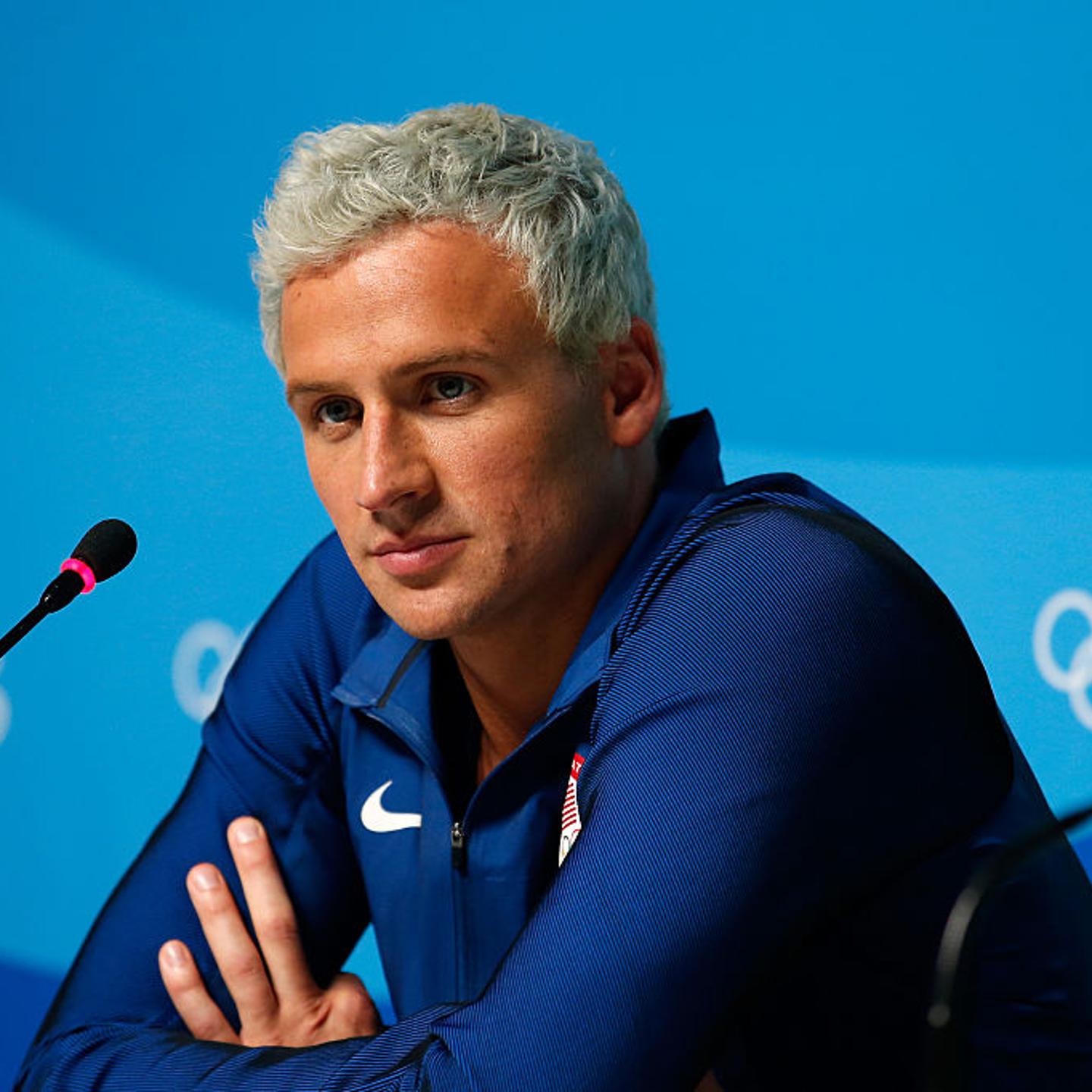 Ryan Lochte attends a press conference in the Main Press Centre on Day 7 of the Rio Olympics on August 12, 2016 in Rio de Janeiro, Brazil.